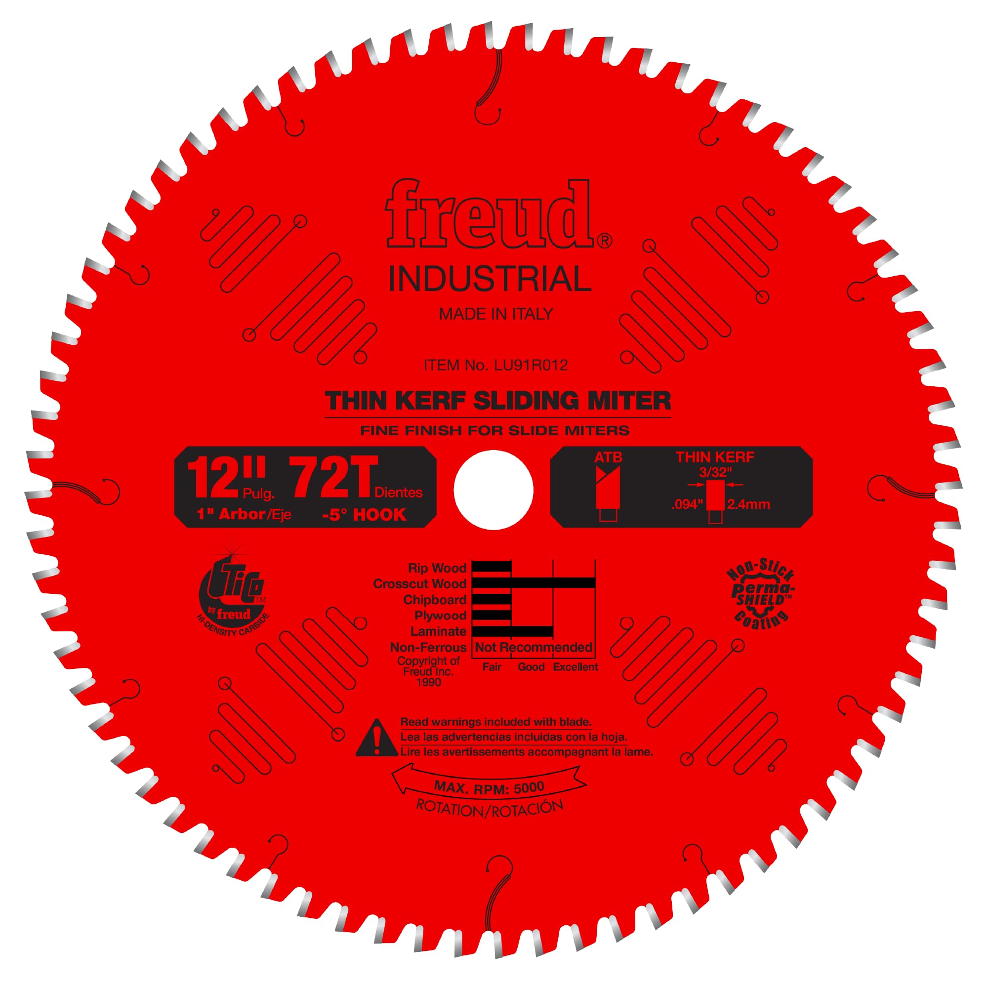 Freud Thin Kerf Sliding Compound Miter Saw Blade with Premium Tico Hi-Density Carbide Crosscutting Blend for Maximum Performance - 12" Diameter, 72 Teeth, ATB Grind - LU91R012