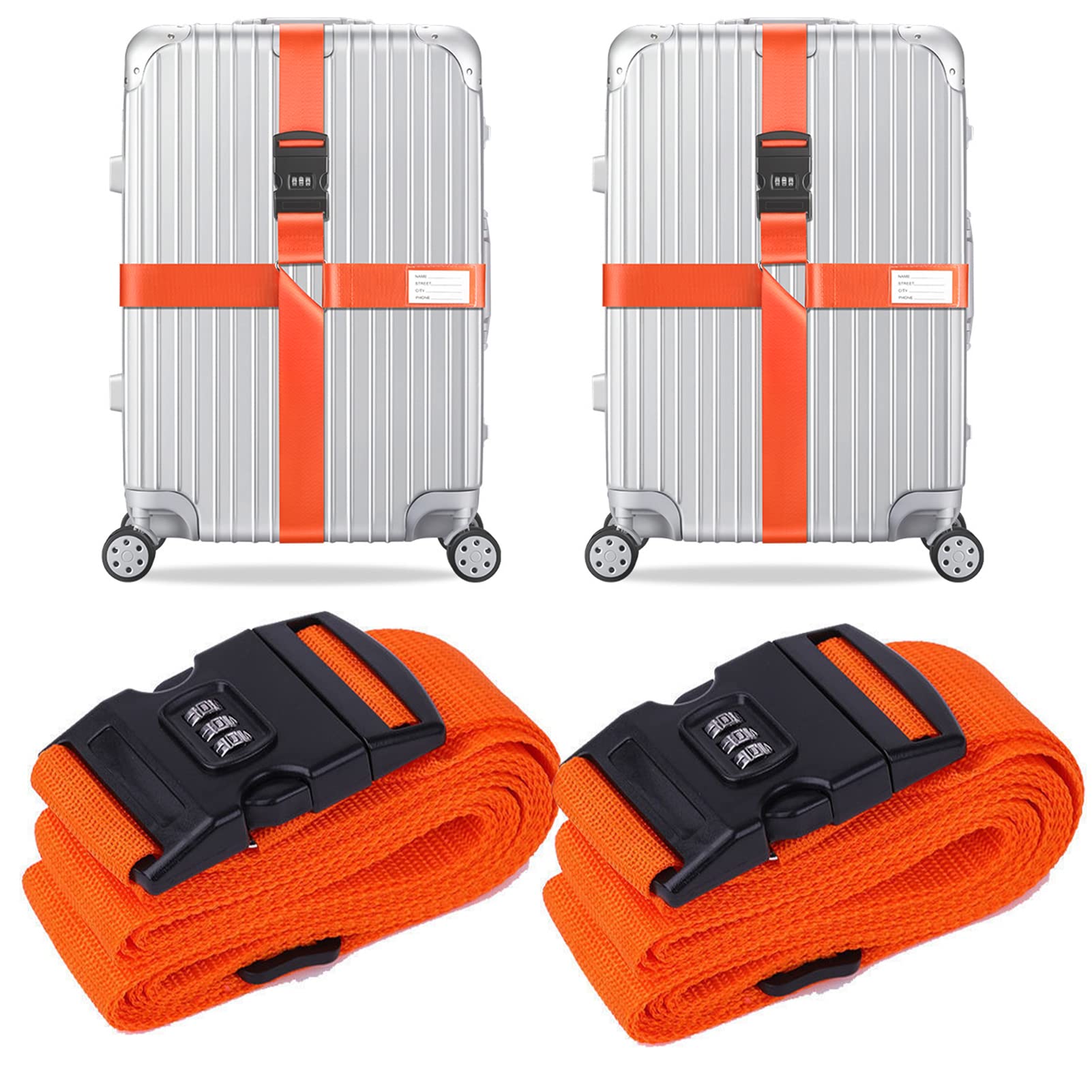 Mikytoper 2PCS Luggage Suitcase Straps with Combination Lock,Adjustable Suitcase Belt with Name Tag, Reinforced, Suitable for Travel (orange)