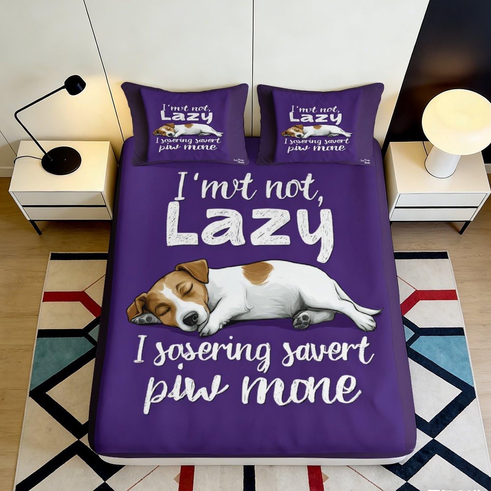 3D Printed Sleeping Dog Fitted Sheet Microfiber Purple Lazy Puppy Mattress Cover for Bedroom Guest Room Dorm Decor 90x200x25cm
