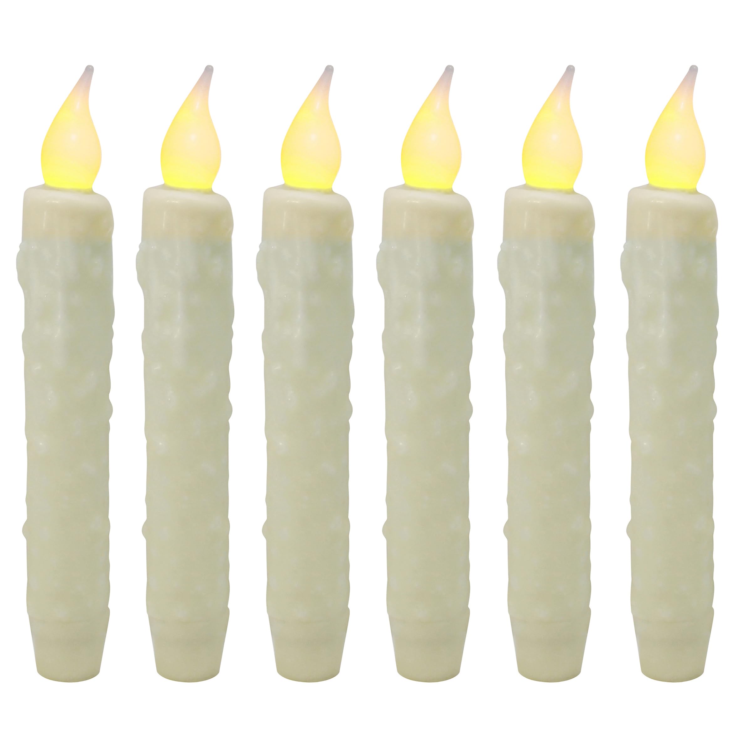 CVHOMEDECO. Real Wax Hand Dipped Battery Operated LED Timer Taper Candles Rustic Primitive Flameless Lights Décor, 6-3/4 Inch, Ivory, 6 PCS in a Package