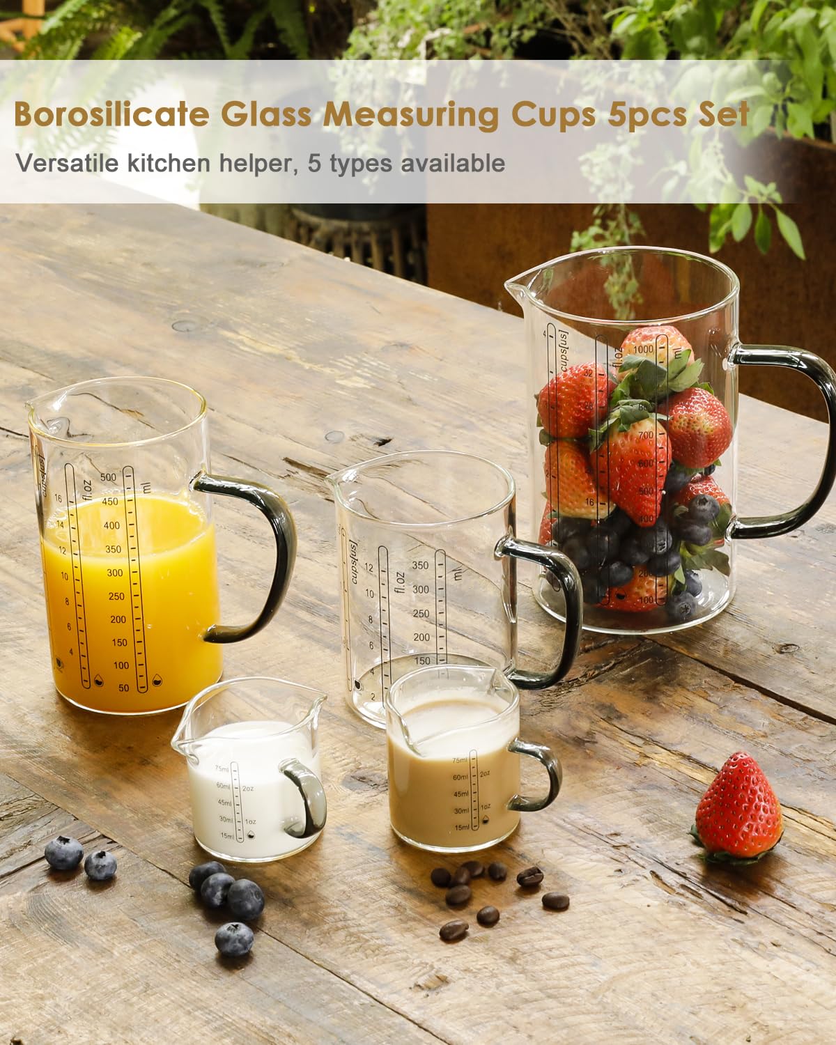 LIBWYS Glass Measuring Cup Set of 5, 1000ml (32oz), 500ml (16oz), 350ml (12oz), 2x75ml (2.5oz) with Anti-slip Silicone Pad, Heat-resistant Borosilicate Glass Liquid Measuring Cup