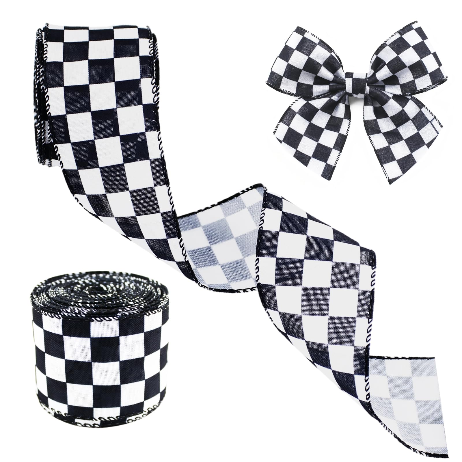 Photo 1 of 1 Roll 15 Yards Black and White Checkered Ribbon Christmas Decorative Wired Edge Ribbon for Gift Wrapping Bow DIY Christmas Fall Tree Crafts(2.56 Inch)
