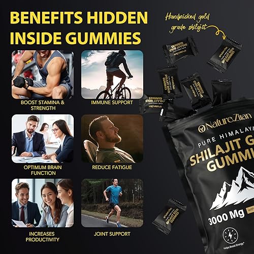 Miniatura 5 de Gomitas Shilajit para hombres y mujeres, gomitas de oro Shilajit del Himalaya puras ricas en Ashwagandha, Gokshura con más de 85 minerales, sabor