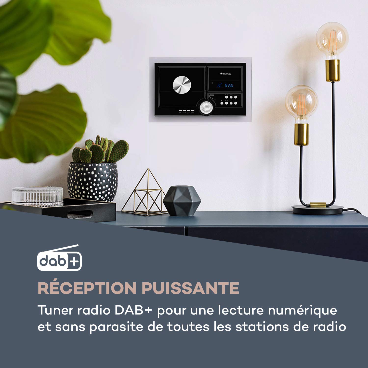 AUNA Stereo Sonic Dab+ - Système stéréo, Montage Mural, Syntoniseur Radio Dab+/UKW, Lecteur CD Automatique, Port USB pour fichiers MP3, Fonction Bluetooth, Entrée AUX, Ecran LCD - Noir