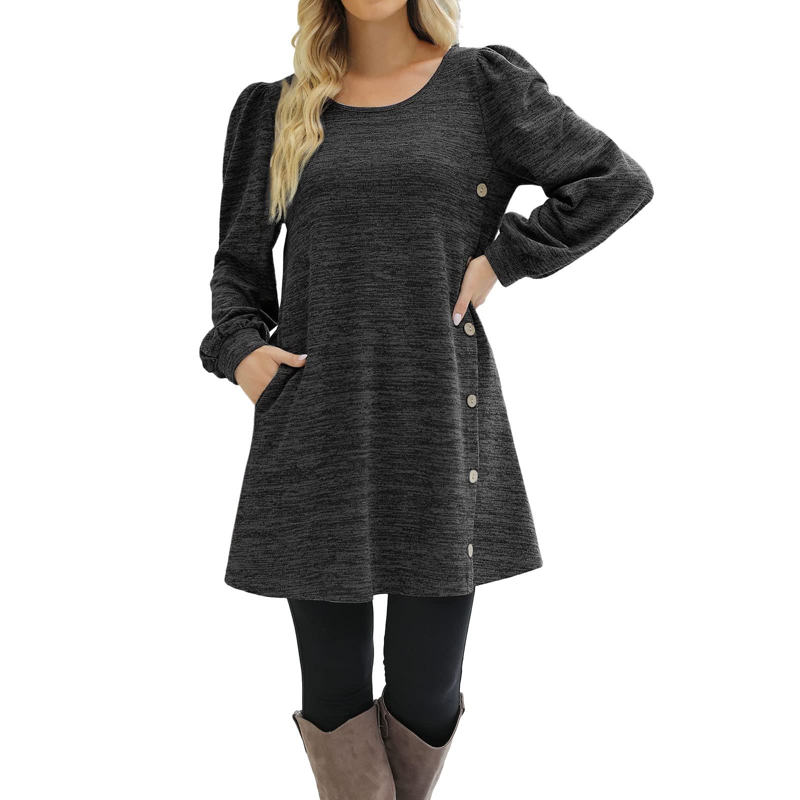 BLIBUNALAWomen's Long Sleeve Dresses Side Button Scoop Fall Tunic Mini Casual Crewneck Loose Flowy Shift Ruched Warm Misaky Midi Winter for Ladies Elegant Solid Color Pleated Knee Lenght Dresses