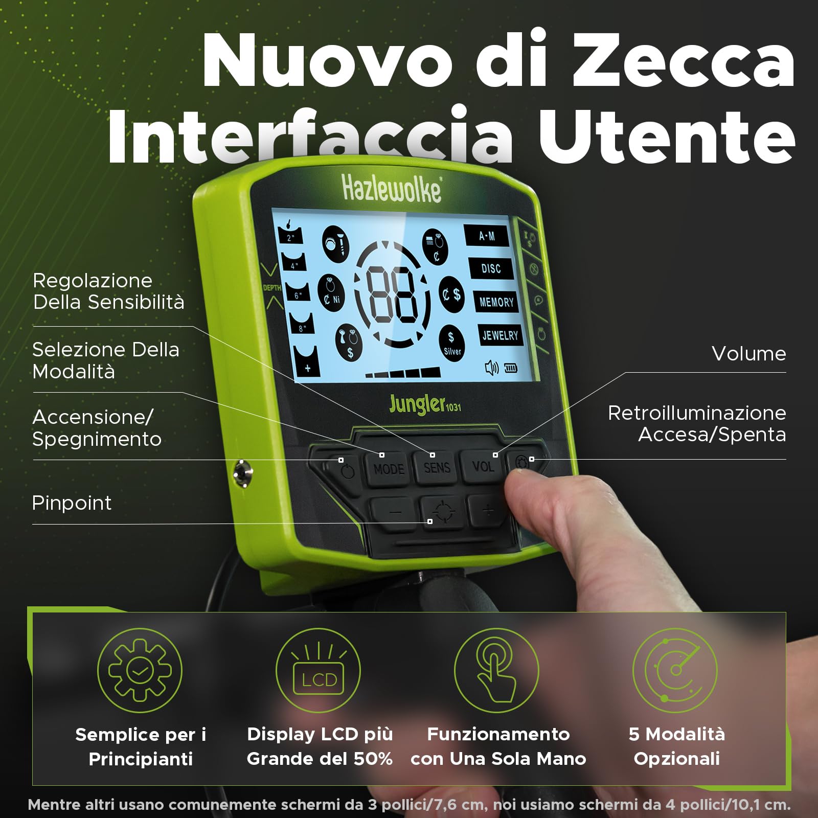 Hazlewolke Metal Detector professionali per adulti con Pinpoint & modalità di memoria, 5 modalità con maggiore precisione 25CM bobina impermeabile per il rilevamento dell'oro, display LCD più grande