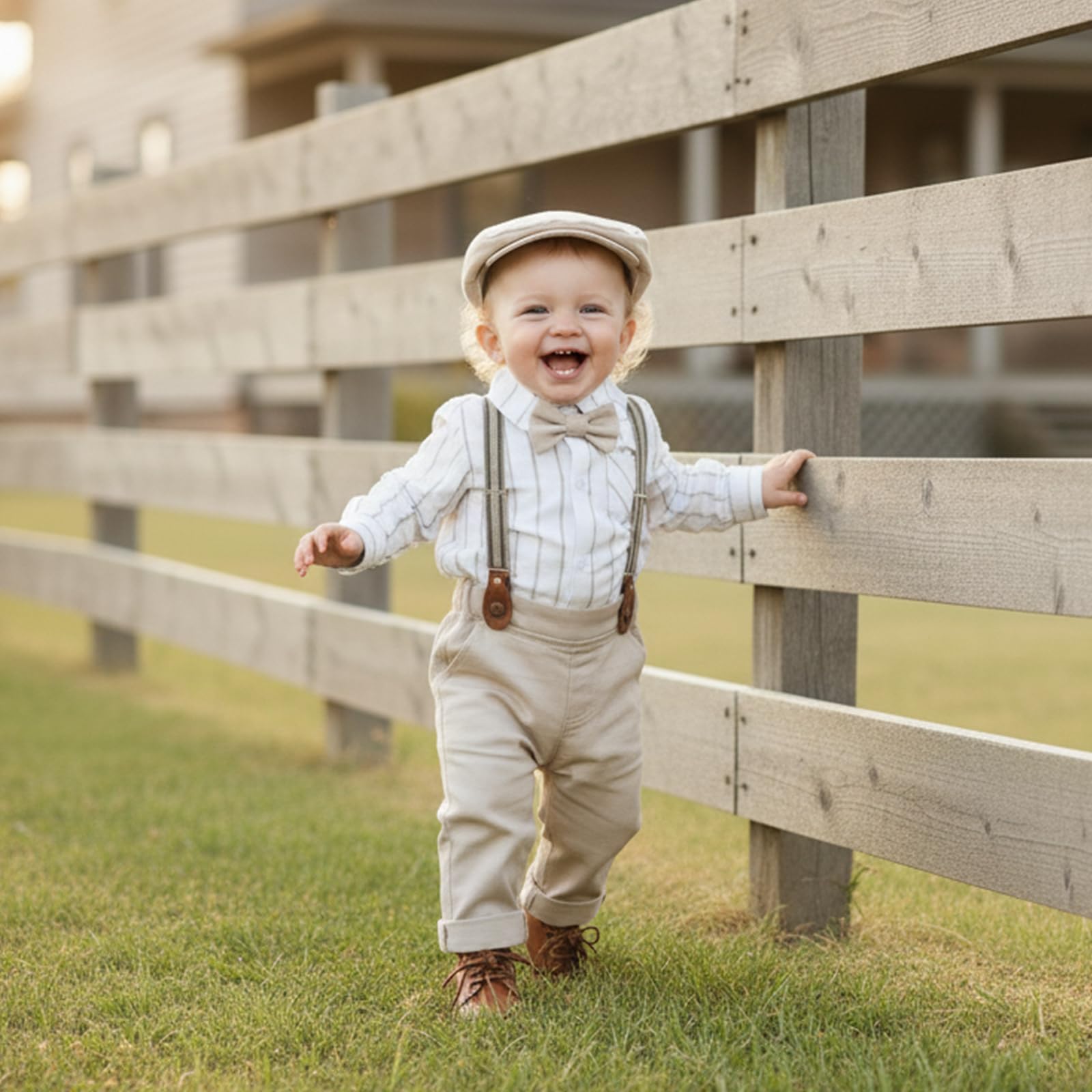Volunboy Bimbo Neonato Completini e Coordinati Gentiluomo, Camicia Fiocco e Bretelle Pantaloni 5 Pezzi