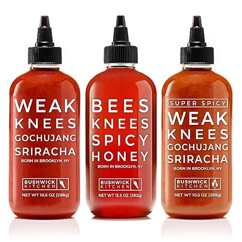 Bushwick Cocina Picante Trio Sampler, Set Incluye Abejas Rodillas Picante Miel, Rodillas Débiles Gochujang Sriracha, Rodillas Débiles Super Picante