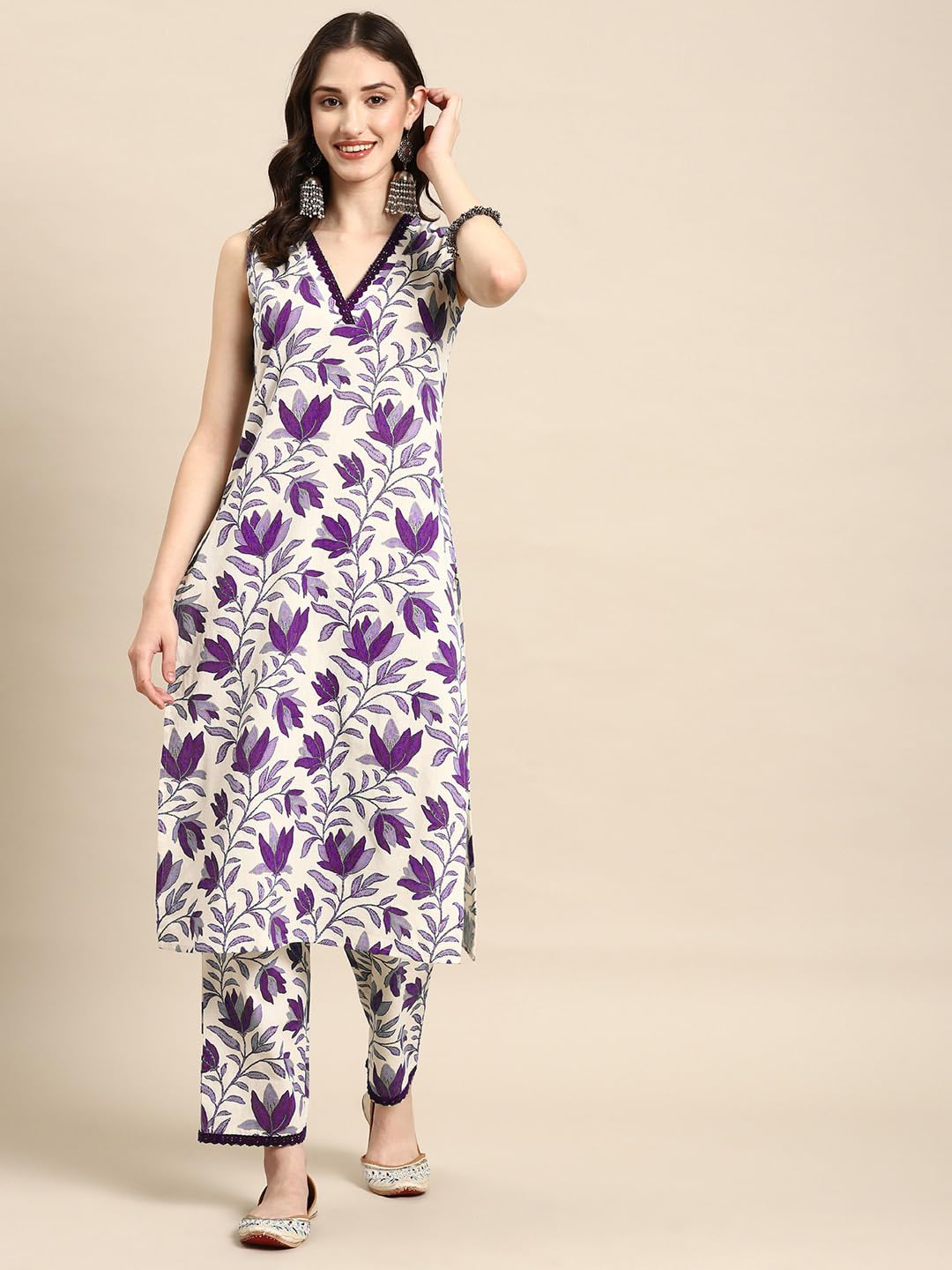 Smowkly V-Neck Sleeveless Kurta For Women (1430_Prl_L) Purple
