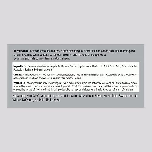 Miniatura 2 de Piping Rock Suero de ácido hialurónico para rostro | 1 onza líquida | Hidratante para piel y cuerpo | Libre de crueldad