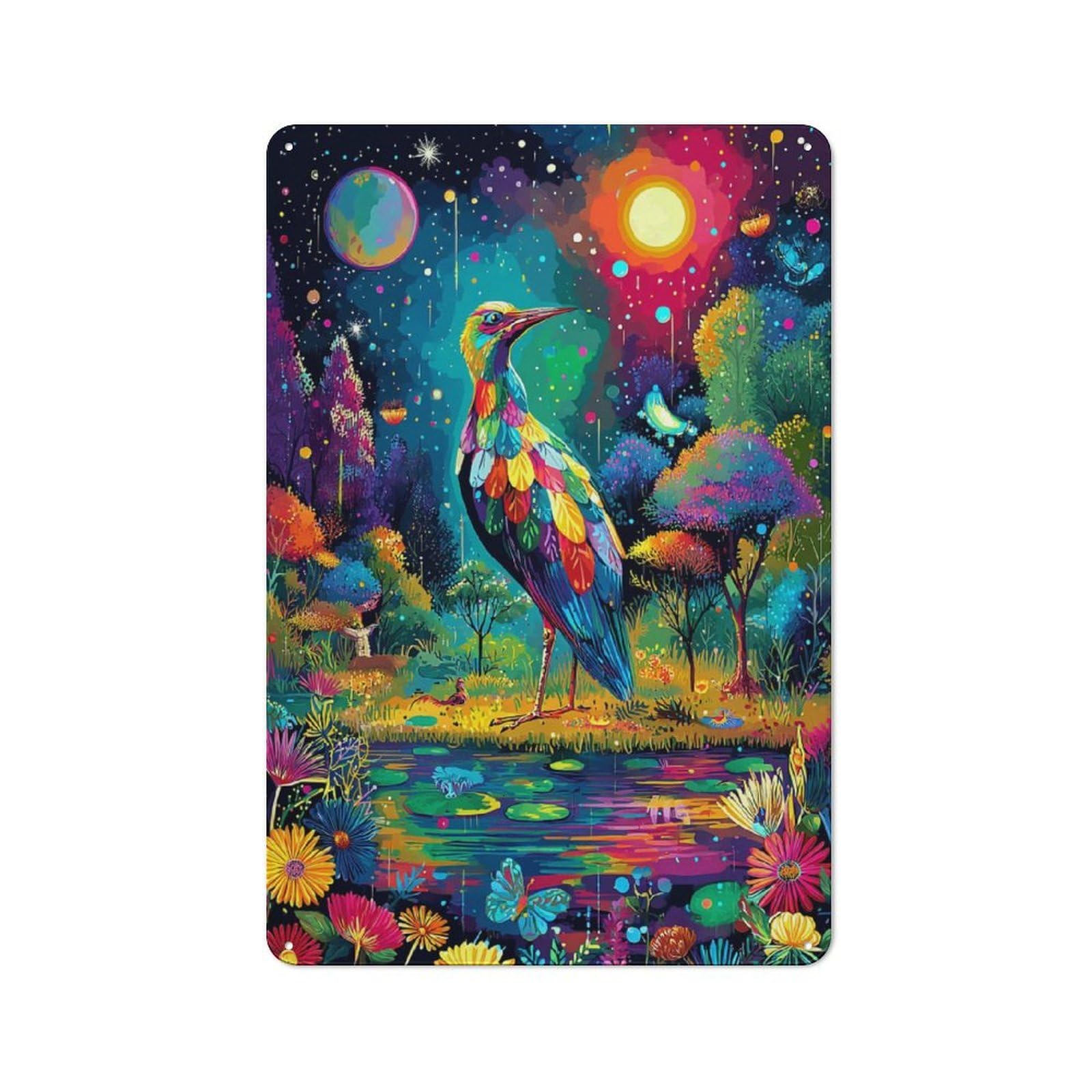 Junmoney Colorful Fantasy Bird Scene -3 Country Metal Sign With Design 30X20cm, Farmhouse Farmhouse Wall Decor For Kitchen, Cottage, Porch Or Garden Room