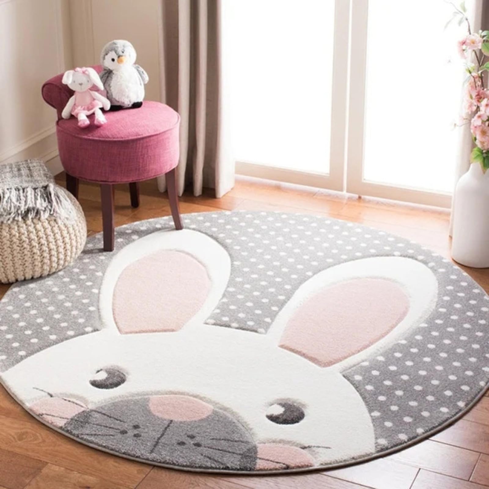 Rururug Tapis Chambre Enfant Bebe Fille Garcon Rond Ø 110 cm Dessin animé Gris Rose Lapin Blanc Tapis Rampant pour Bébé Grand Tapis Doux Petite Chambre d'enfant Salon