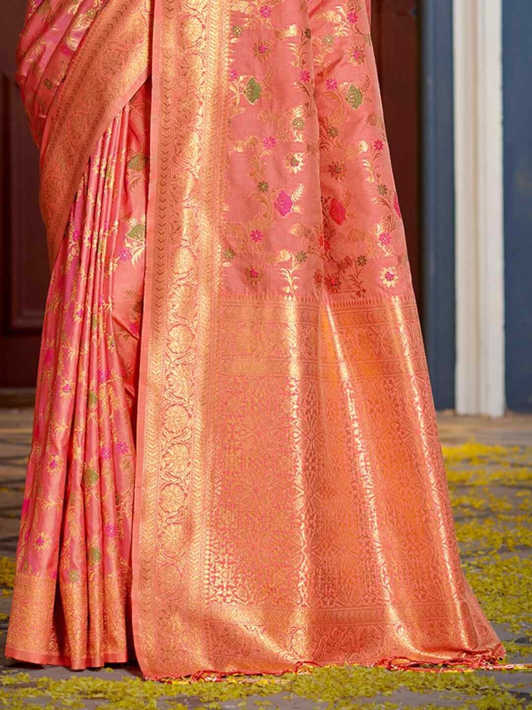 Shiv Textiles Women's Banrasi Silk Floral & zari Woven Saree(AUS-ASSWA1002-PEACH) 2