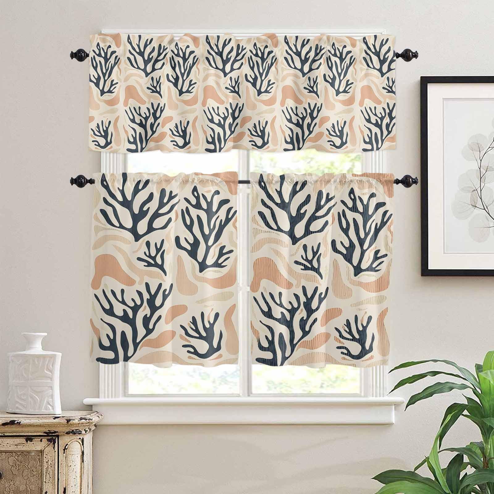 Coastal Coral Kitchen Curtains 36 Inch Length, 3 Piece Rod Pocket Small Half Tiers and Valance Set, Summer Beach Nautical Ocean Small Large Window Treatment Decor for Bedroom/Bathroom Sink