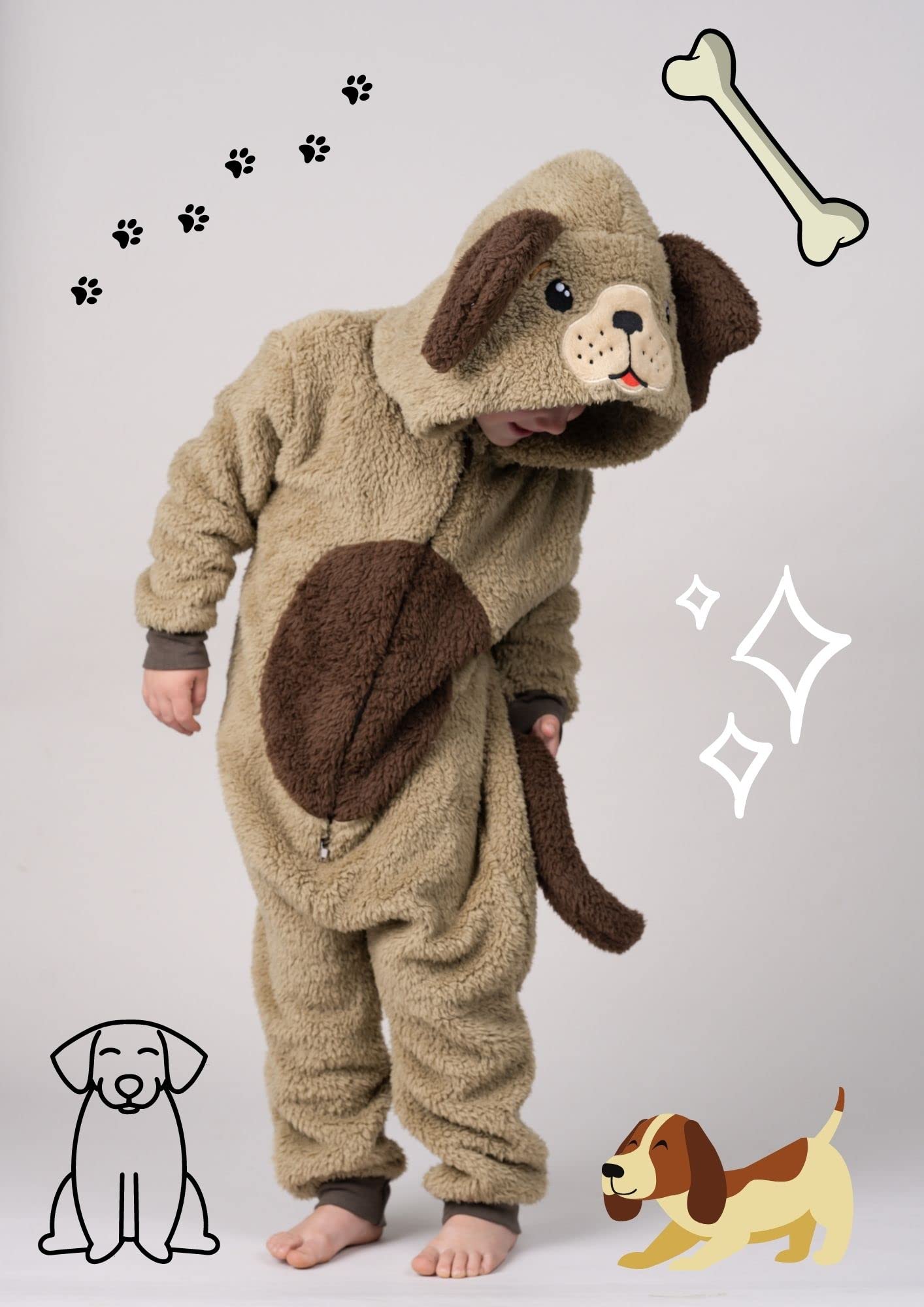 Hunde-Einteiler für Jungen oder Mädchen aus weichem Fleece mit Schwanz in Kindergrößen 2-13 Jahre in Schwarz, Weiß oder Beige