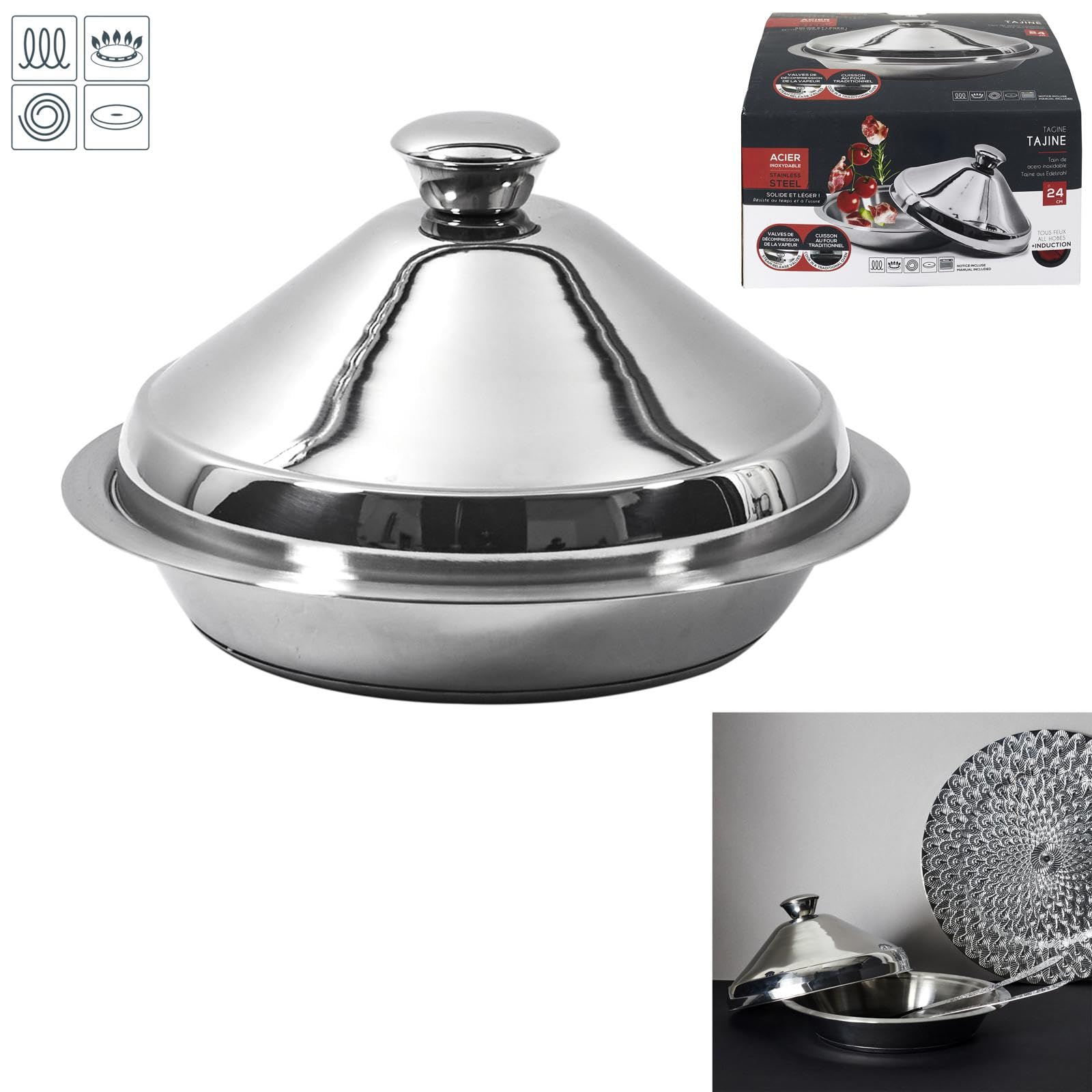 COOK CONCEPT Tajine aus Edelstahl 24 cm Alle Herdarten inkl. Induktion Silber | Tajine aus geeignet für alle Herdarten inklusive Induktion, Backofen, Dampfventil, Schongarfunktion