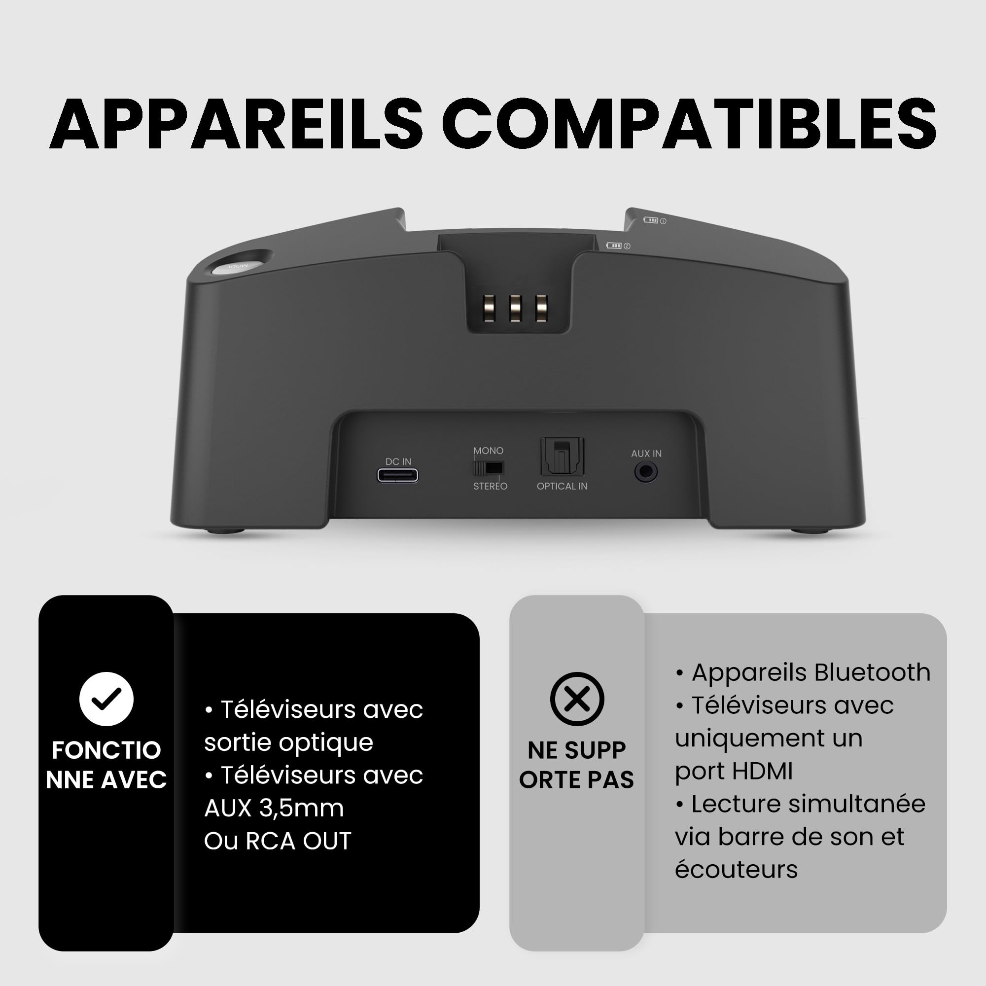 Avantree HT381- Casque TV sans Fil avec émetteur RF, Contrôle du Volume de Balance G/D, Écouteurs de Volume Amélioré pour Personnes âgées, Compatible avec Télévision avec Sortie Audio Optique ou AUX