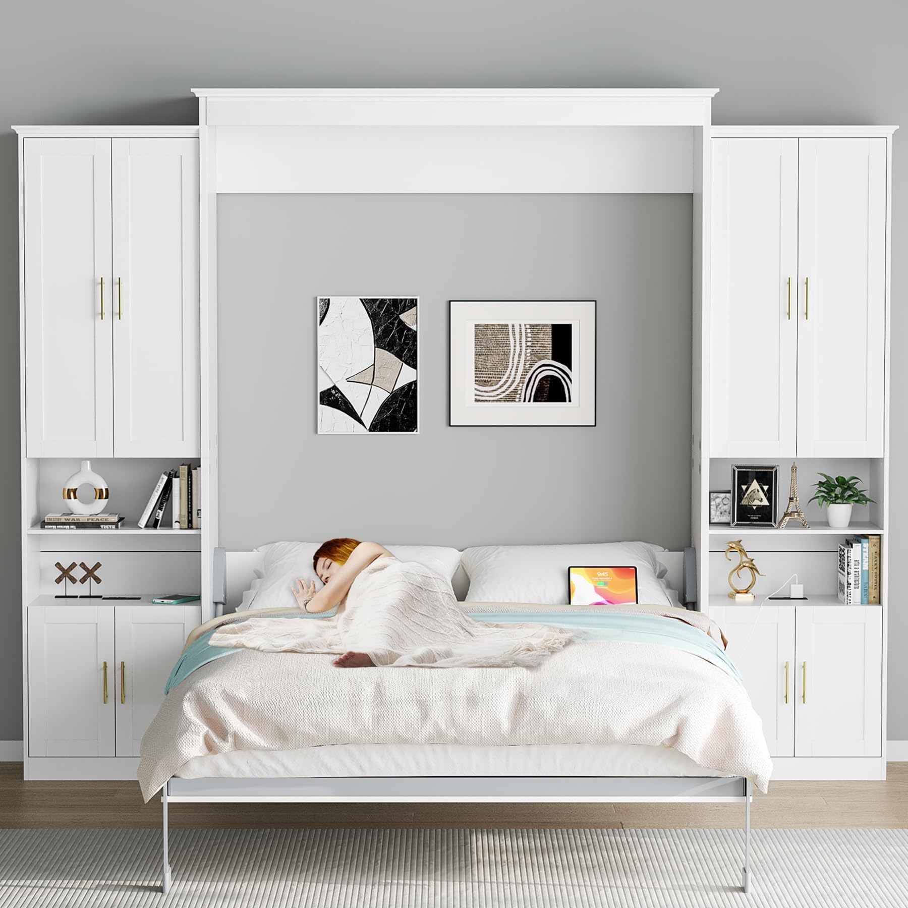 Rophefx Queen Murphy Bed with Side Cabinets