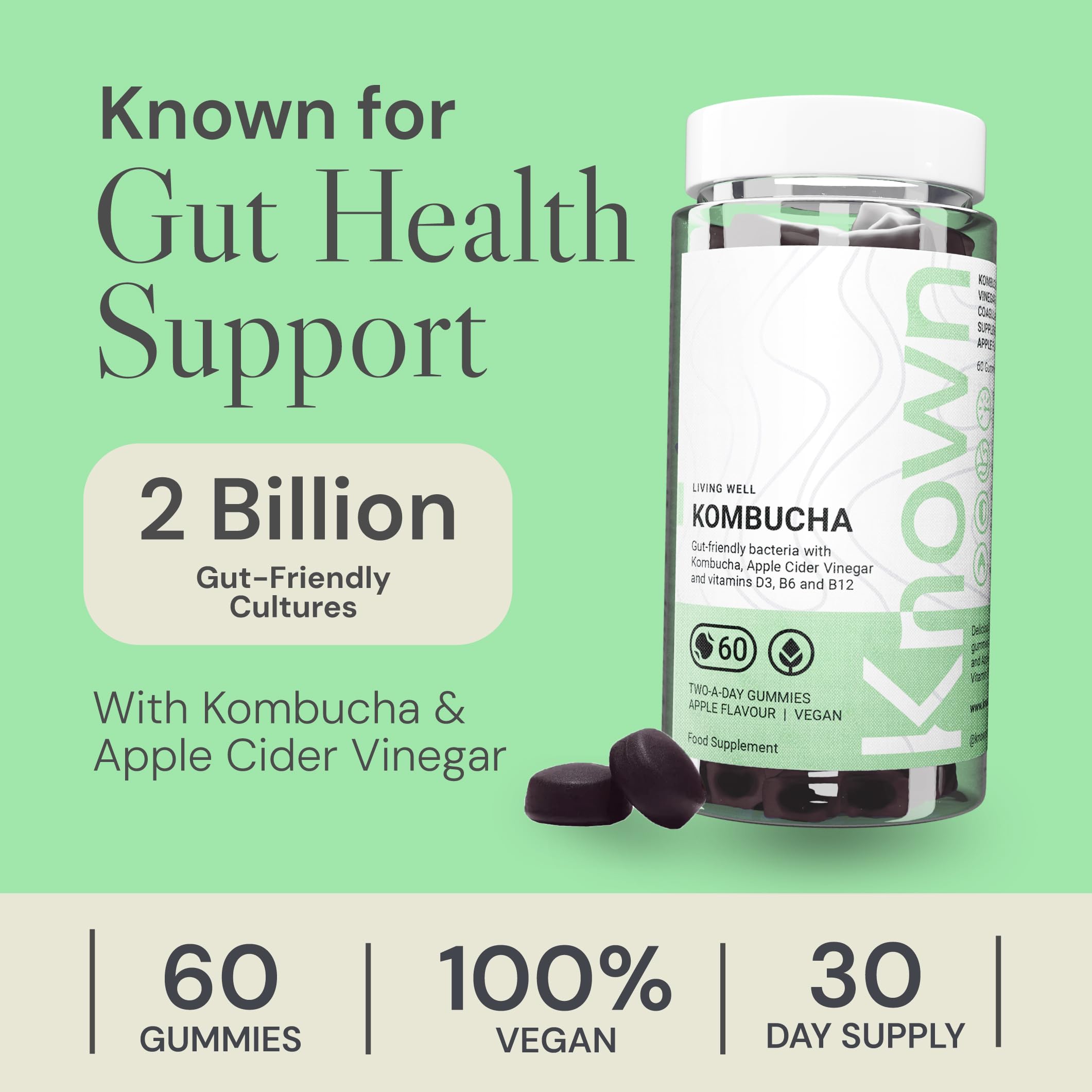 Gummies Délicieux Kombucha Known – Vinaigre de Cidre, Bactéries Amies de l’Intestin & Vitamines B – Saveur Pomme – 60 Gummies Vegan, 1 Mois