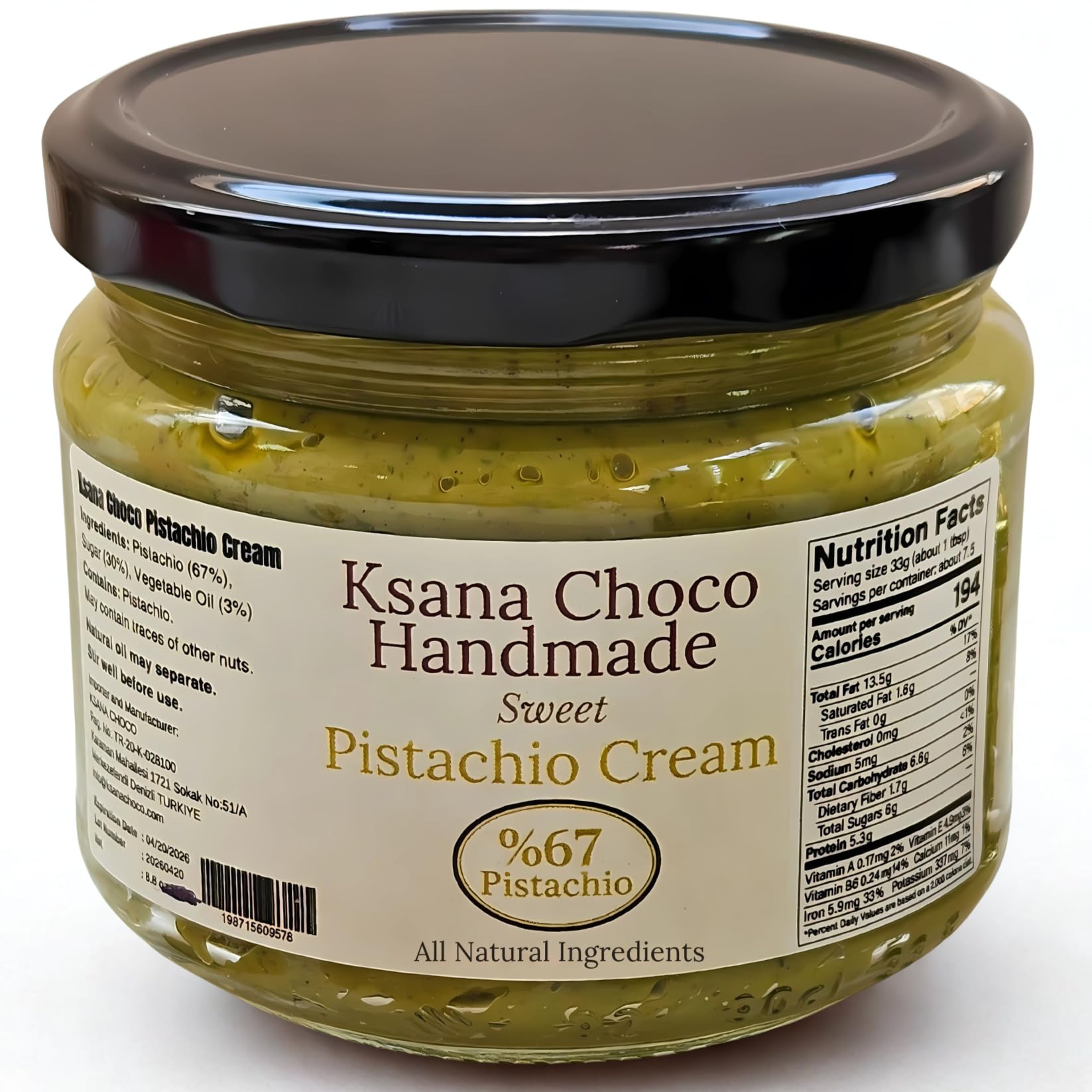 Ksana Choco Pistachio Cream 67 Turkish Pistachios 12 3 oz Palm Oil Free Handmade Spread With Free Roasted — view 2