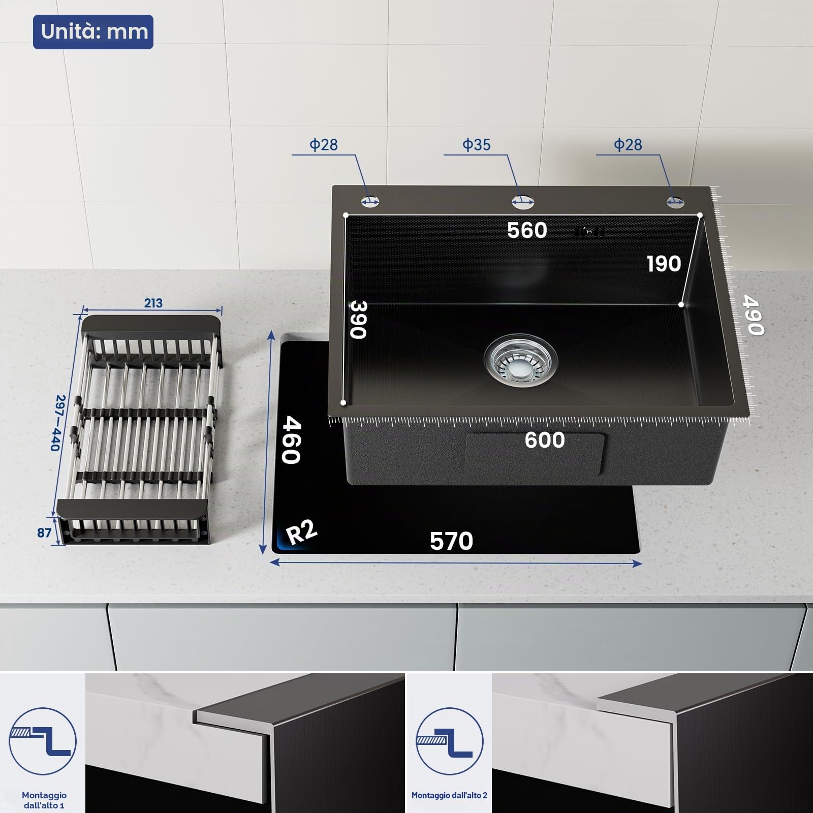 CECIPA 60x49 cm Lavello Nero 1 Vasca in Acciaio Inox, Lavandino Cucina 1 Vasca con Dispenser Sapone e Cestello, Lavello Cucina per Mobile da 60cm, da Incasso o Banco, con Sifone e Scarico