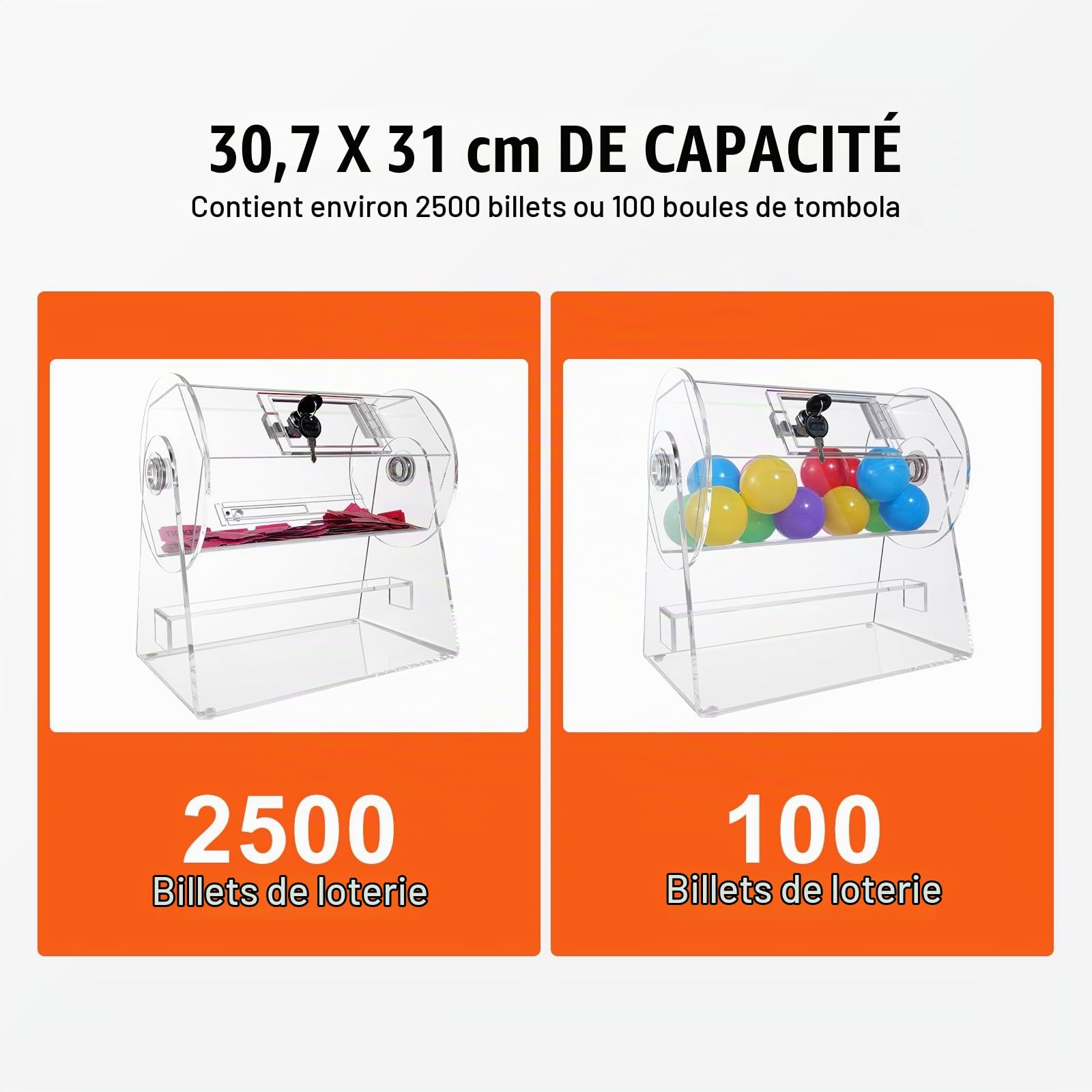 VEVOR Tambour de Tombola Loterie Loto en Acrylique, Capacité 2500 Billets ou 100 Balles, Cage pour Jeu de Bingo Transparente, avec 2 Clés, 308 x 310 mm, pour Vote Événement Fête Salon Rassemblement