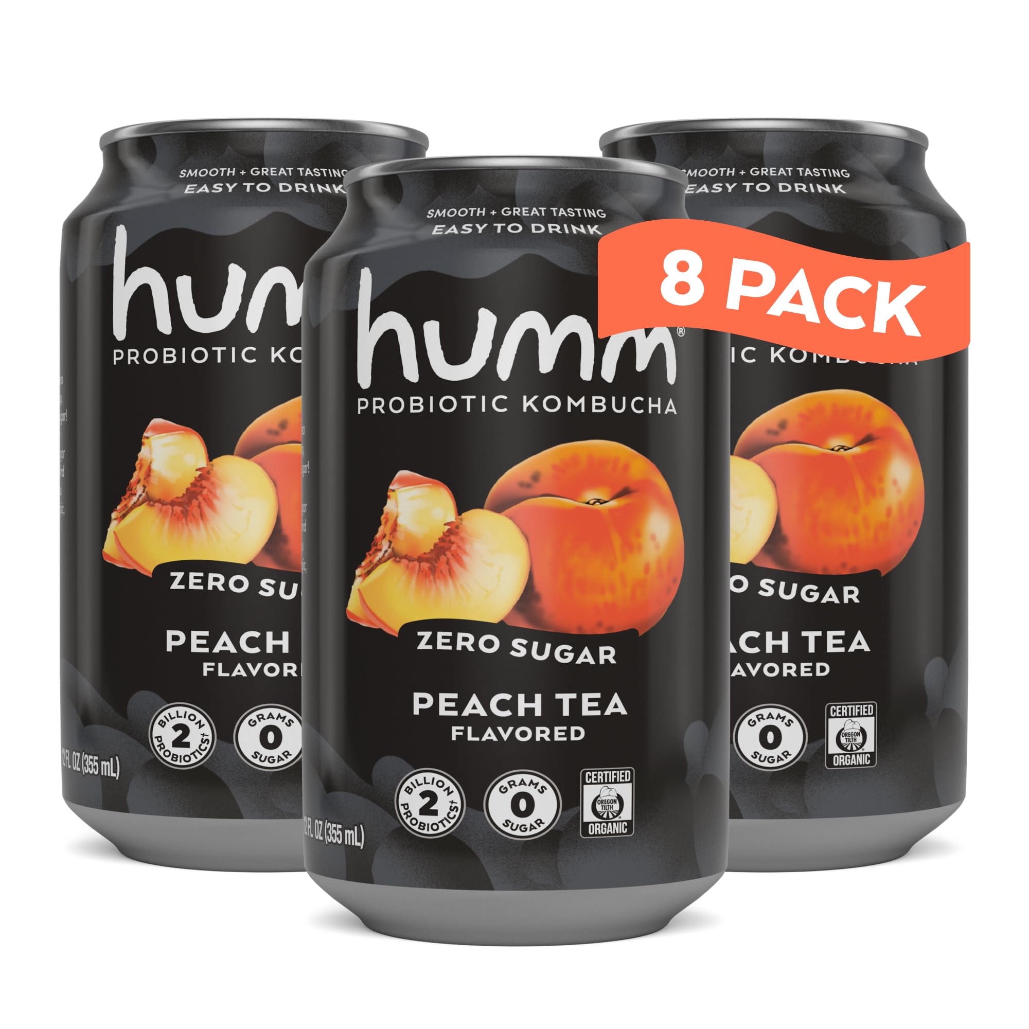 Humm Probiotic Kombucha Zero Sugar Peach Tea, No Refrigeration Needed, Keto Friendly, Organic, Vegan, Gluten Free, 12oz Cans (8 Pack)