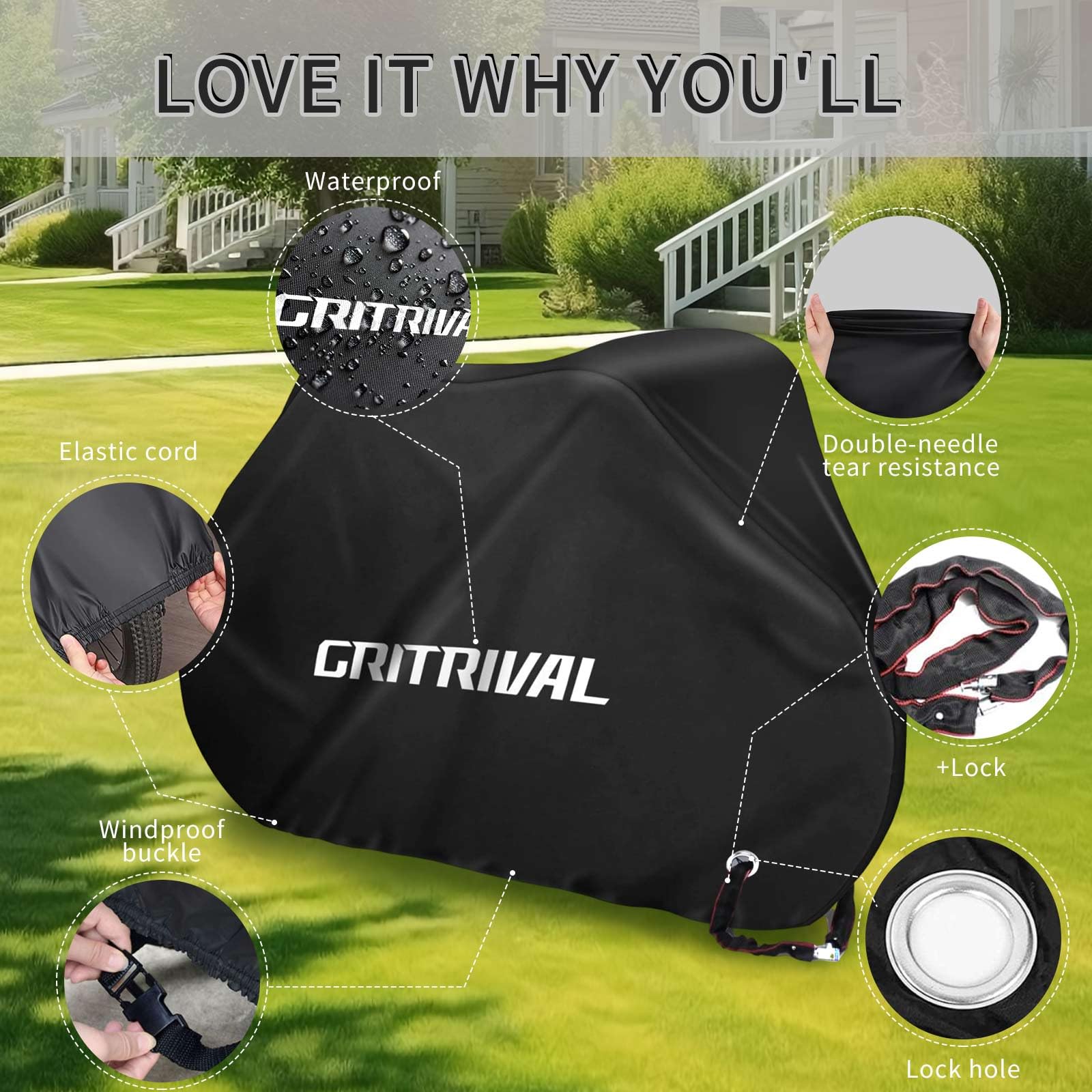 Fundas para bicicleta impermeables para almacenamiento al aire libre. Tiene tres colores y dos tamaños. La funda para bicicleta está equipada con un candado de cadena para portabicicletas