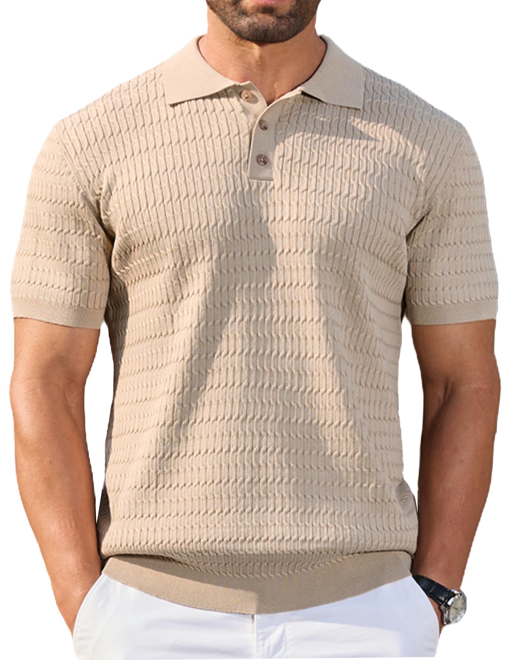 COOFANDY Mens Knit Polo Shirt Short Sleeve Vintage Textured Casual Golf Shirts Summer Beach Top