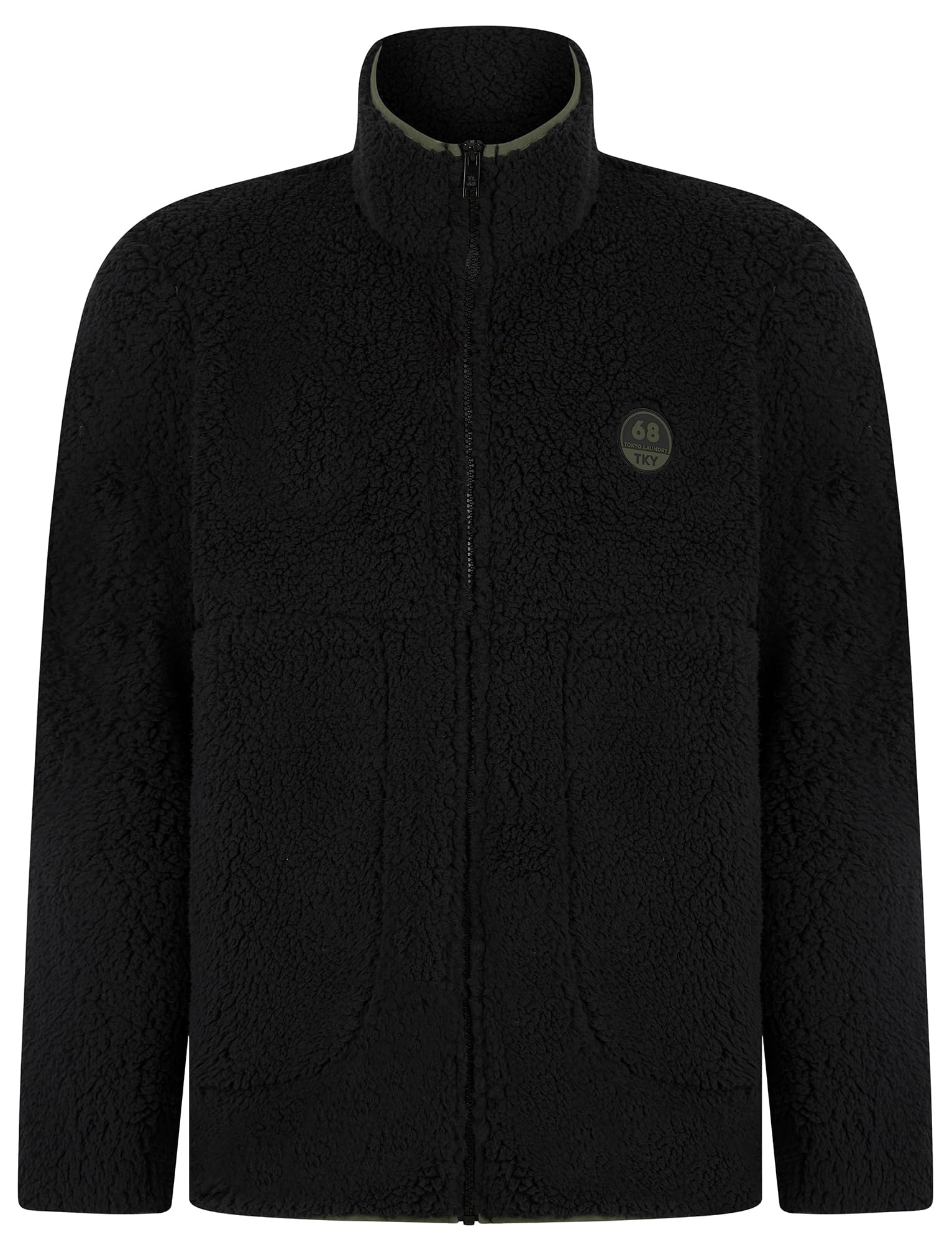 Tokyo Laundry Men's Jet Black 'Palomas' Sherpa Borg Fleece Funnel Neck Jacket Top With Zip Fasten Pockets