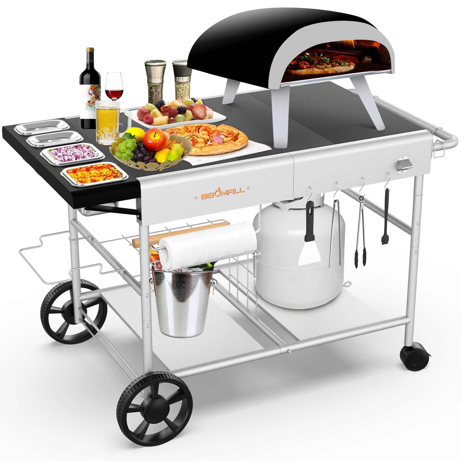 BBQMall pizza oven cart with topping station and long prep surface