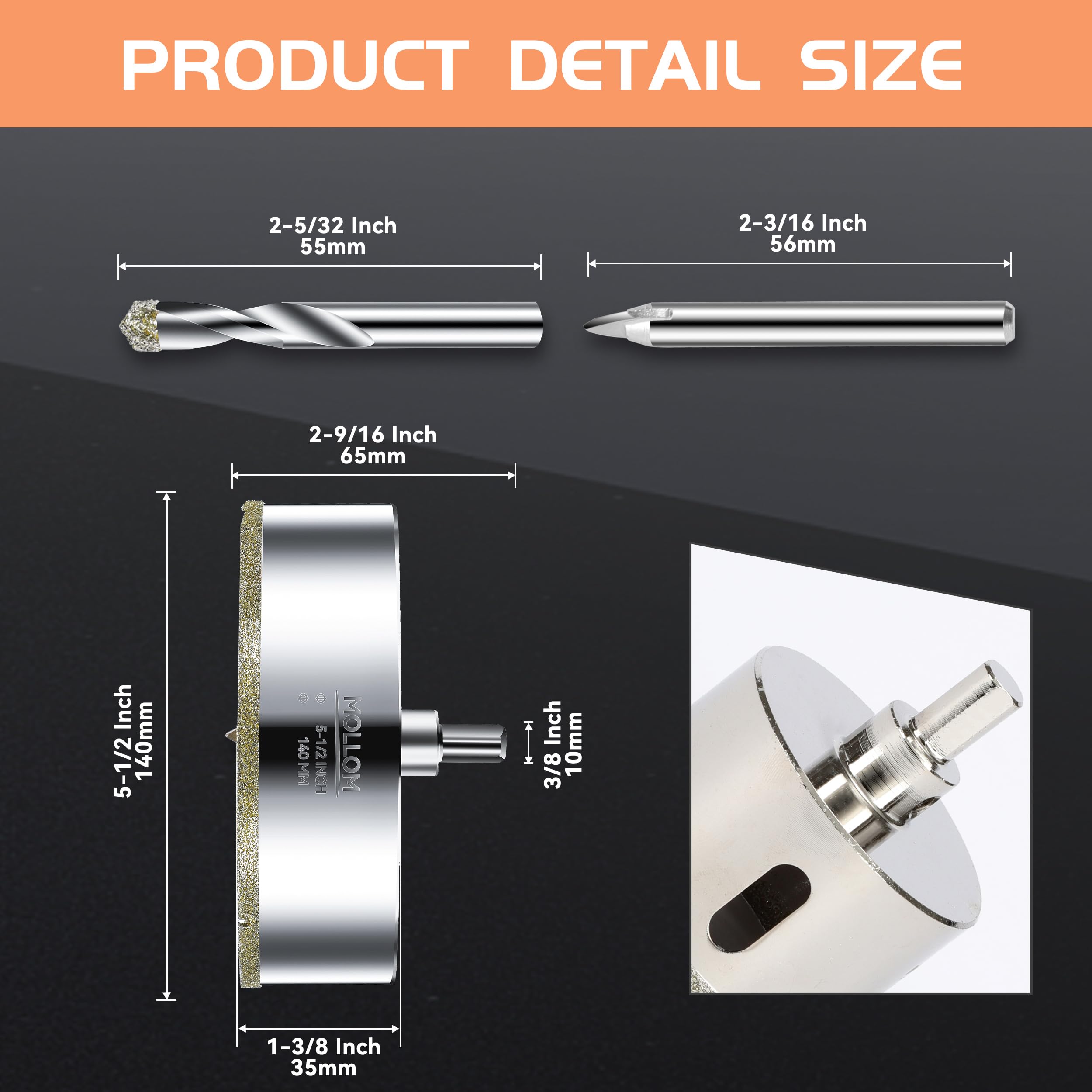 Mollom 5-1/2" (140mm) Diamond Hole Saw with 2Pcs Removable Pilot Drill Bit Smooth Cutting for Porcelain Tiles,Glass,Ceramic,Marble,Fiberglass,etc - Image 2