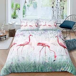 Erosebridal Flamingo Duvet Cover Twin Size, Pink Flamingo Bedding Set Hawaiian Tropical Bird Animals Comforter Cover Set Girls Romantic Quilt Cover, Pink White Bedspread Cover Girly Room Decorative