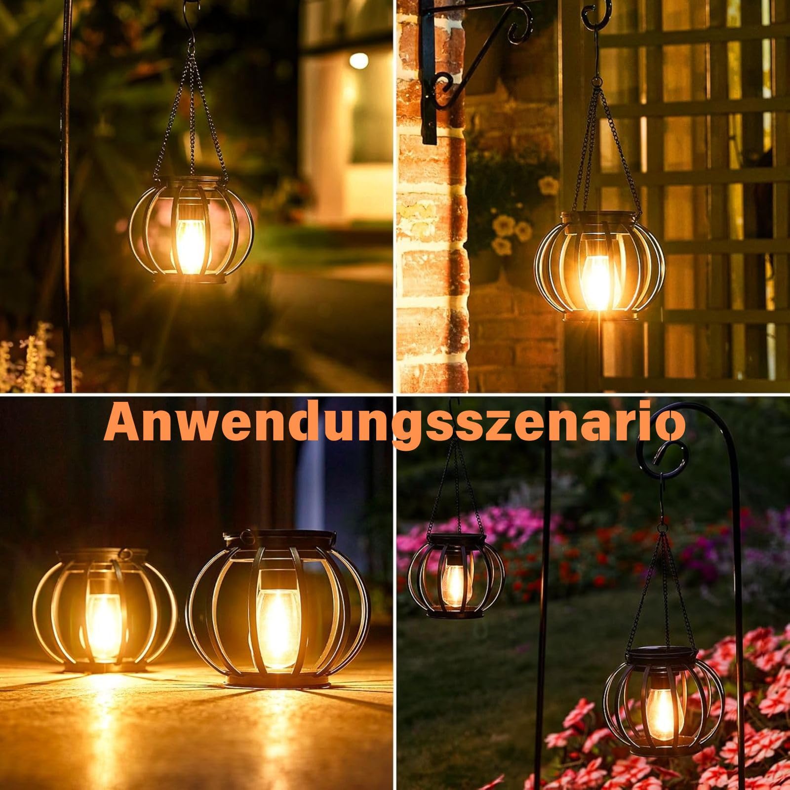 Solarlampen für Außen Hängend, 2026 Neue 4 Metall Solar Laternen für Draußen mit Größer LED-Glühbirne, IP65 Wasserdicht Solarleuchten Gartendeko mit Haken und Kette für Terrasse Rasen Balkon Hof