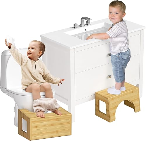 Miniatura 9 de AmazerBath Taburete de baño de bambú resistente 3 en 1 para entrenamiento de orinal para niños pequeños, taburete antideslizante de un paso para