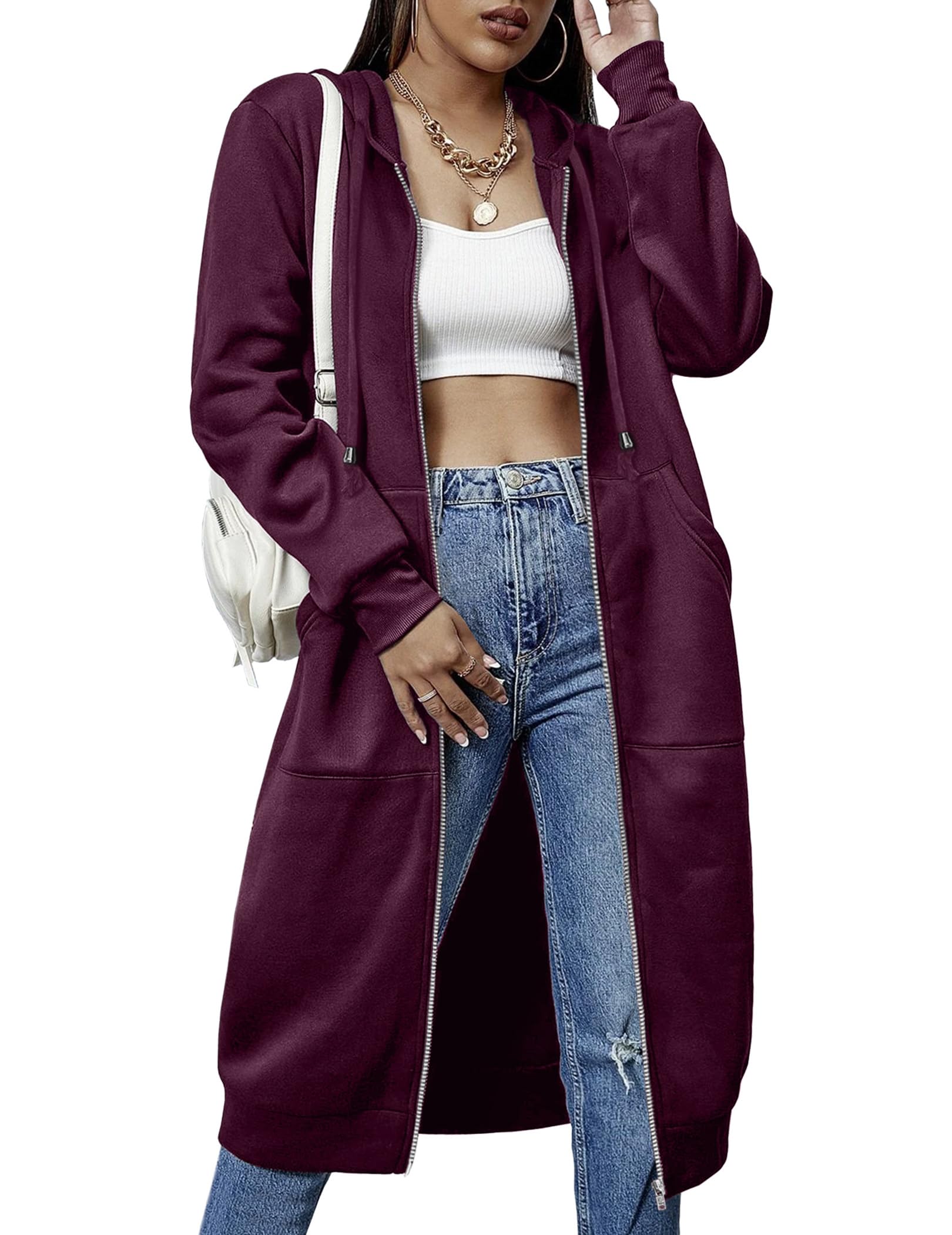 ELESOL Women Casual Zip up Fleece Hoodies Tunic Sweatshirt Long Hoodie Jacket S-XXXL