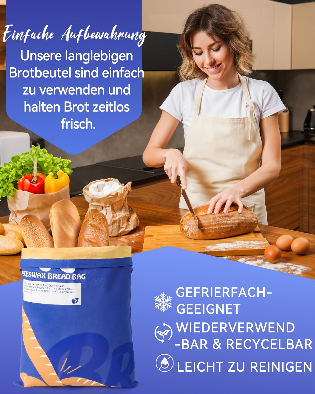 Sacchetti per il pane di cera d'api 2 pezzi – sacchetti di cotone riutilizzabili 32 × 43 cm extra grandi – per mantenere il pane e i prodotti da forno (blu + giallo)