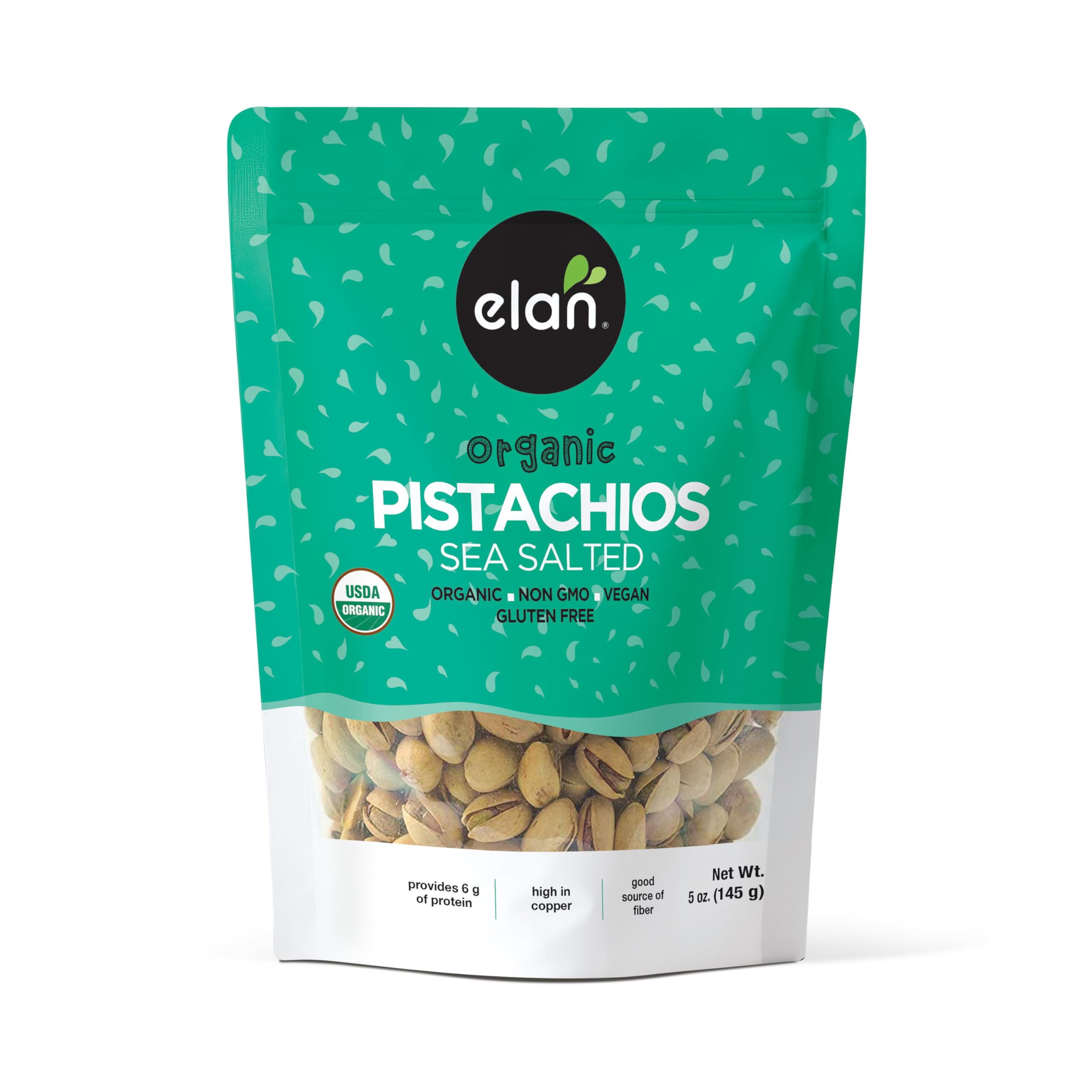 Elan Organic Sea Salted Pistachios, 5.1 oz, In Shell, Salted with Sea Salt, Lightly Roasted, Naturally Open, Non-GMO, Vegan, Gluten-Free, Kosher, Healthy Snacks