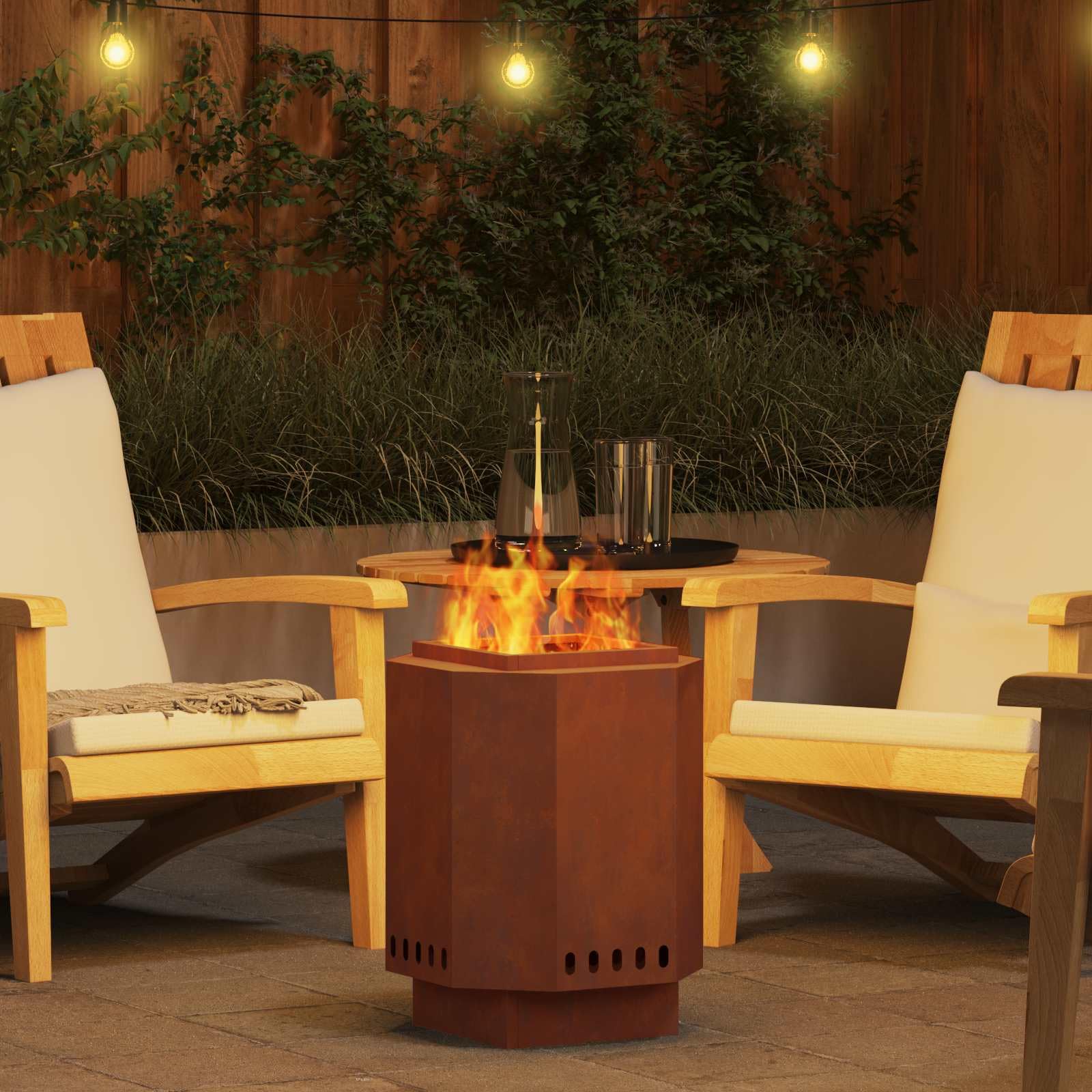 Brasero marrón de acero resistente a la intemperie, 38 x 38 x 51 cm, para jardín, terraza, exterior, eficiente distribución del calor, llama decorativa, hoguera duradera para noches acogedoras