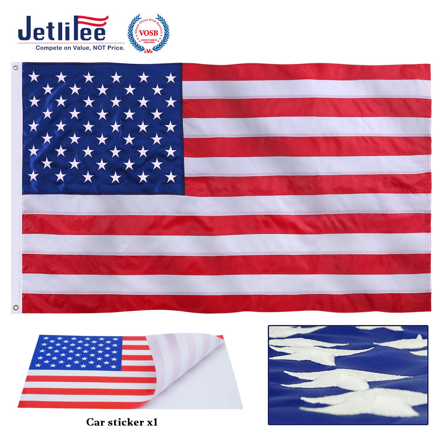 Jetlifee American Flag 3x5 Ft Nylon US Flag, Embroidered Stars, Sewn Stripes, Brass Grommets, Vivid Color UV Protection,Outdoor and Indoor Upgraded Durable USA Flags