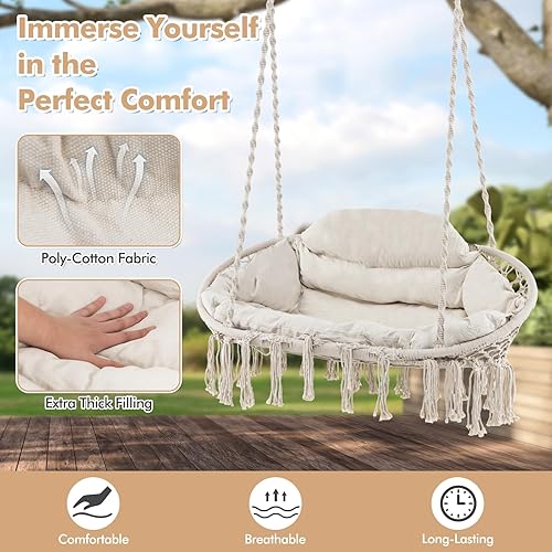 Miniatura 3 de Tangkula 2-Person Hanging Hammock Chair, Boho Style Macrame Hammock Swing with Soft Cushions, Tassels, Indoor Outdoor Cotton Rope Hanging Swing