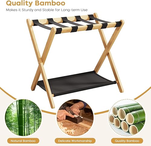 Miniatura 4 de Bastidores de equipaje totalmente montados, paquete de 2, soporte plegable de bambú para habitación de invitados, 5 correas de nailon, soporte para