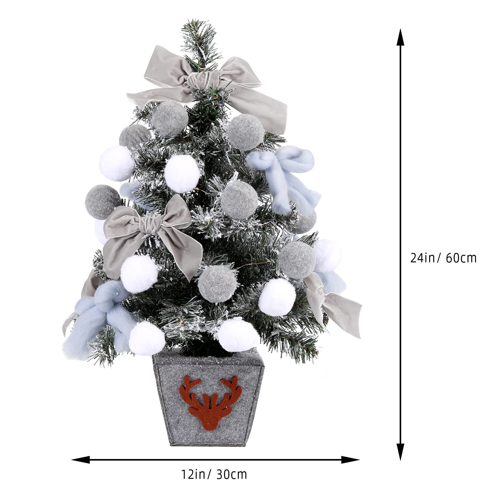 Weihnachtsbaum Künstlich, 60 cm Esstisch Schnee Fallender Weihnachtsbaum mit Weihnachtskugeln, Schleifen und 50 LED Leuchten Geeignet für Weihnachten Partys Zuhause Drinnen und Draußen - Grau
