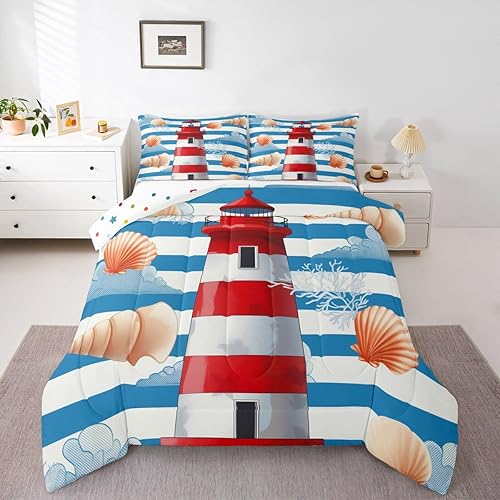 Miniatura 1 de Erosebridal Juego de edredón náutico tamaño individual, juego de ropa de cama de faro rojo y blanco, edredón de rayas azules y juegos de edredón de