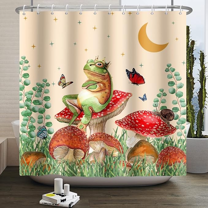 Mushroom Boho Shower Curtain Funny Frog Crown Cottagecore Shower