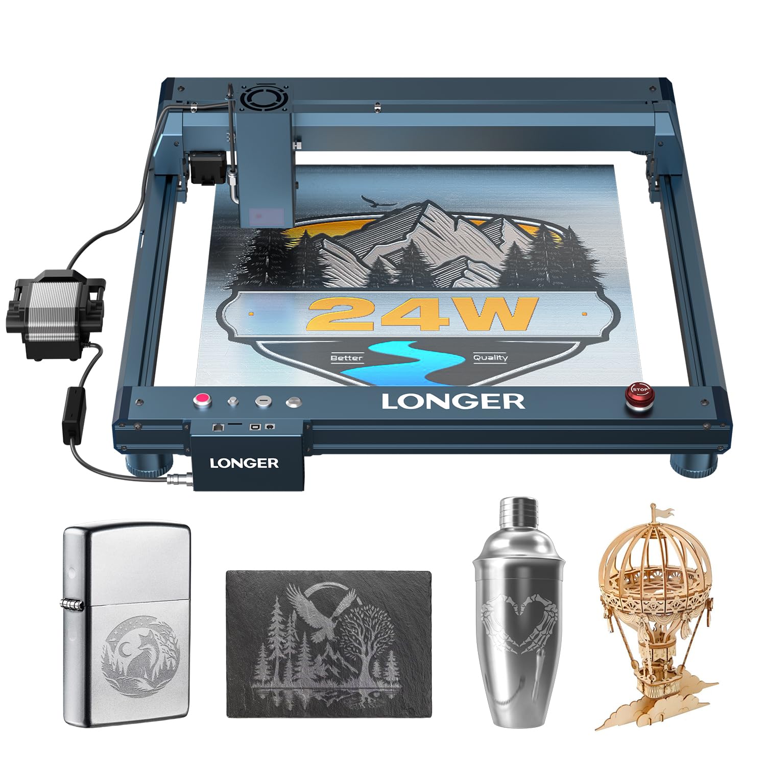 Longer Laser B1 20W - Incisione laser con supporto automatico dell'aria, ideale per lavori fai da te su legno, metallo, carta, acrilico, vetro e pelle, superficie di lavoro 450×440mm
