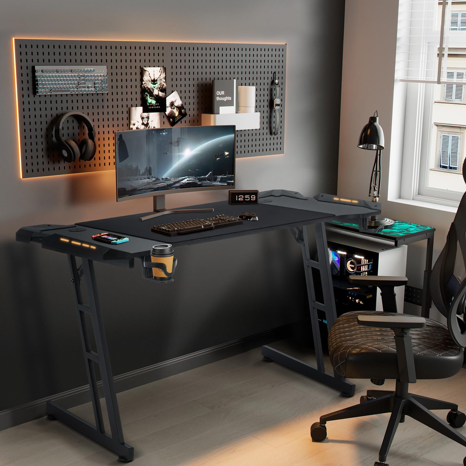 Escritorio Gaming con LED 120×60 cm, Escritorio Gamer con Gestión de Cables, Mesa Gaming con Portavasos y Soporte para Auriculares-en Forma de Z, Escritorio Ordenador de Fibra de Carbono Ergonomicas