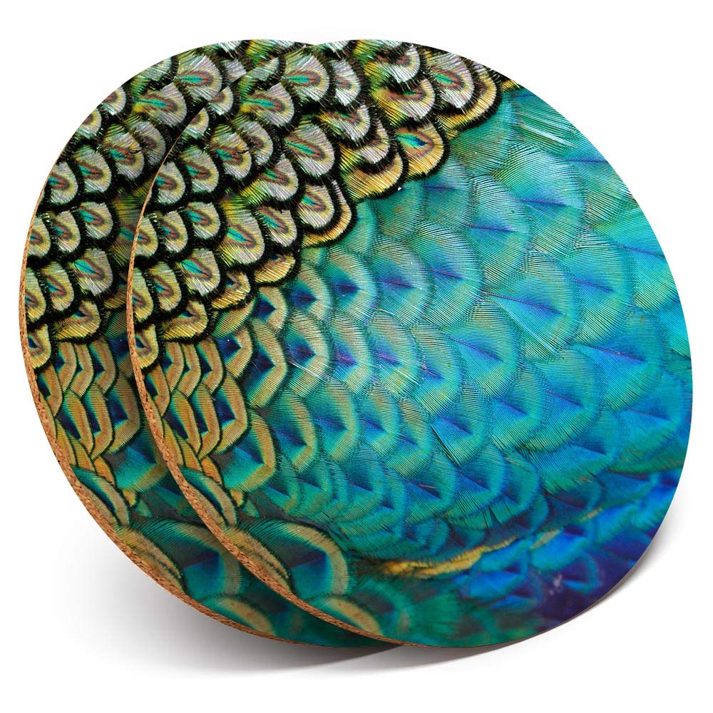2 x Round Coasters - Beautiful Feathers Peafowl Peacock - Cork Backed Home Kitchen Accessory Tea Coffee Mug Mat #44250