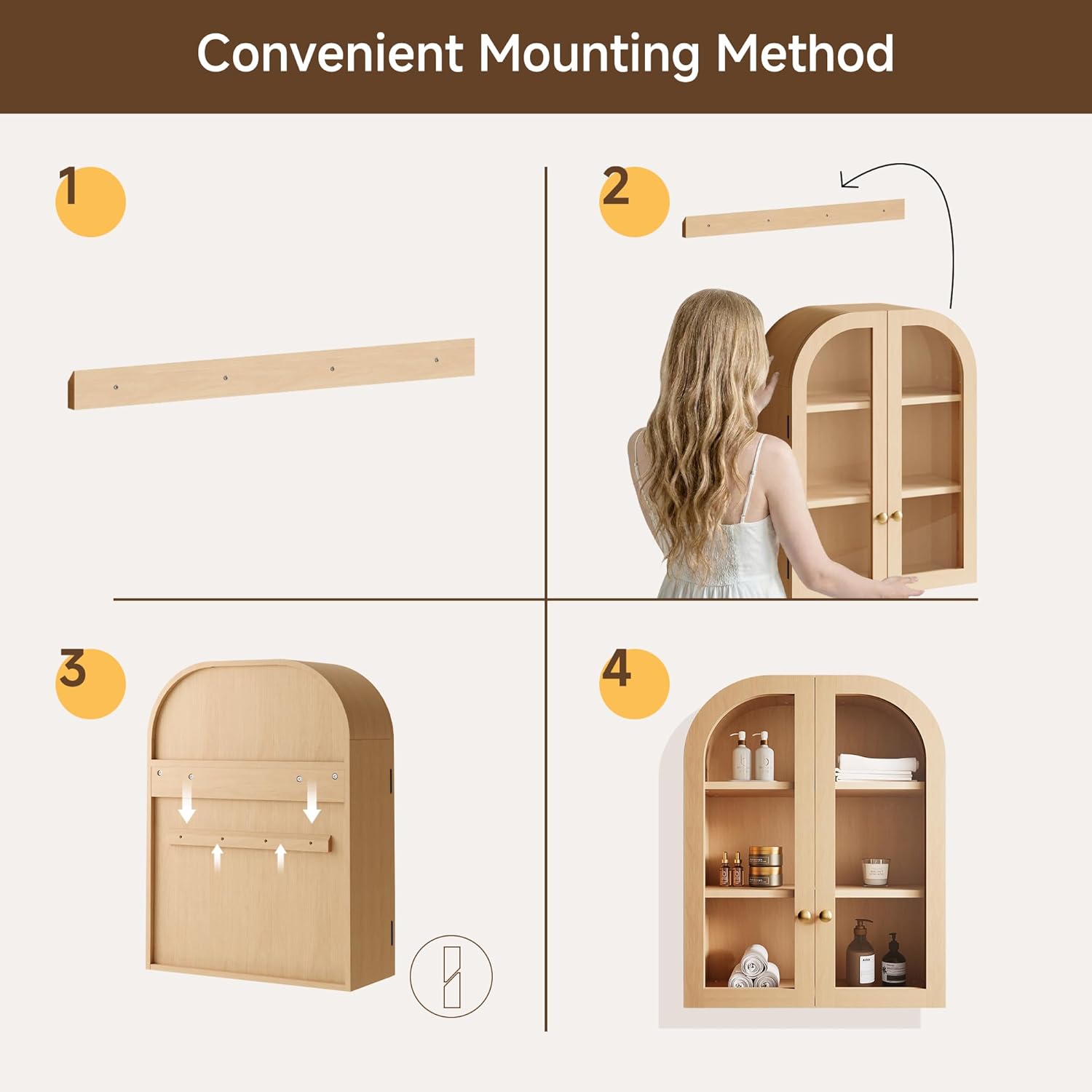 Fatmok Arched Bathroom Wall Cabinet Over The Toilet Storage Cabinet,23.6"x31.5" Wood Medicine Cabinet Wall Mounted with Glass Doors & Adjustable Shelf,Floating Wall Cabinet for Bathroom(Natural Wood)