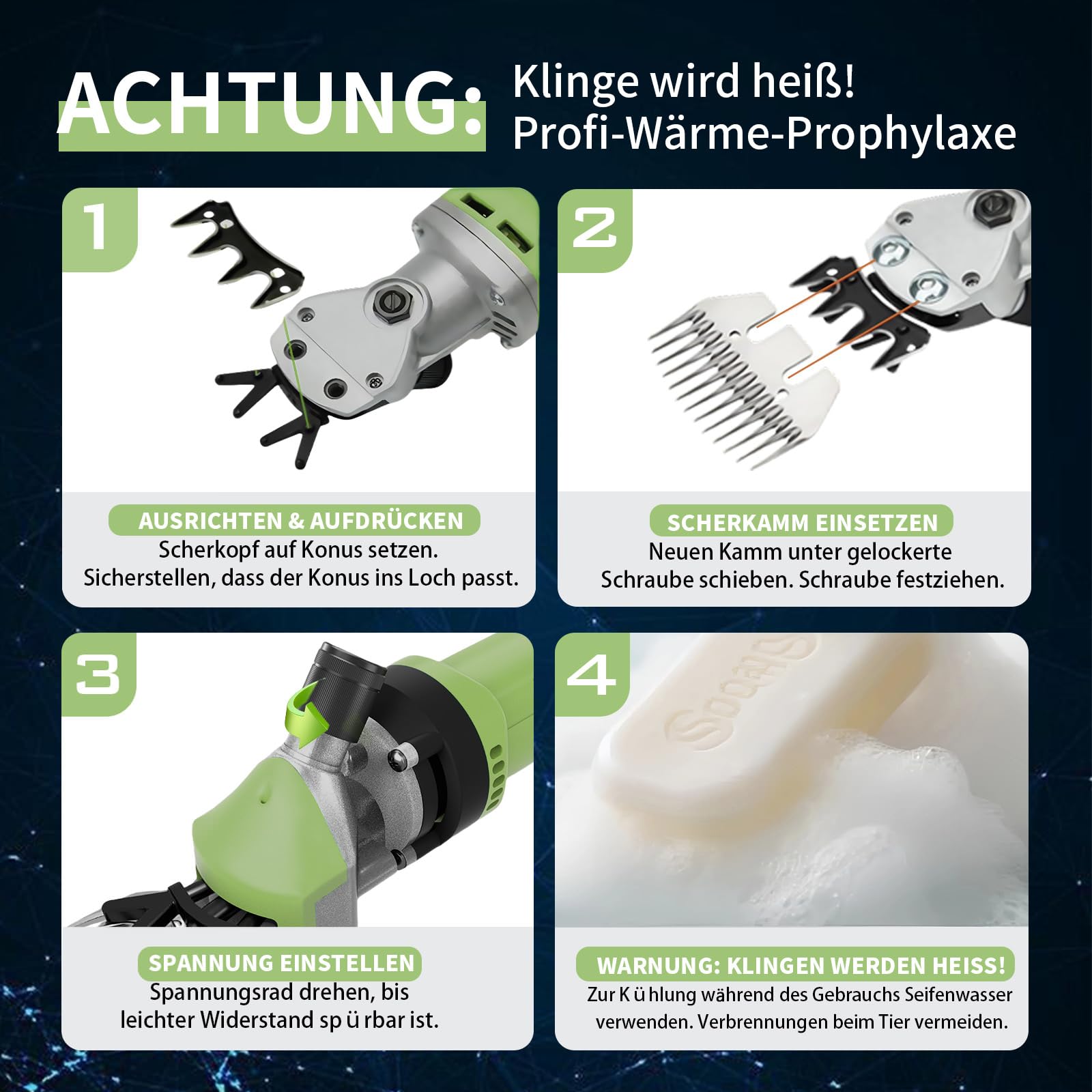 1200 W High Power - Cesoia elettrica per pecore, 6 velocità, 3200 giri/min, con lama a 13 denti, set in valigetta per pecore, alpaca, capre, cavalli (verde)